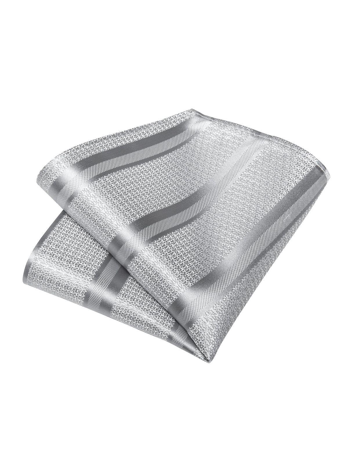 Corbata plateada Hombre Seda con paño y colleras. Modelo Plateado Metálico-3