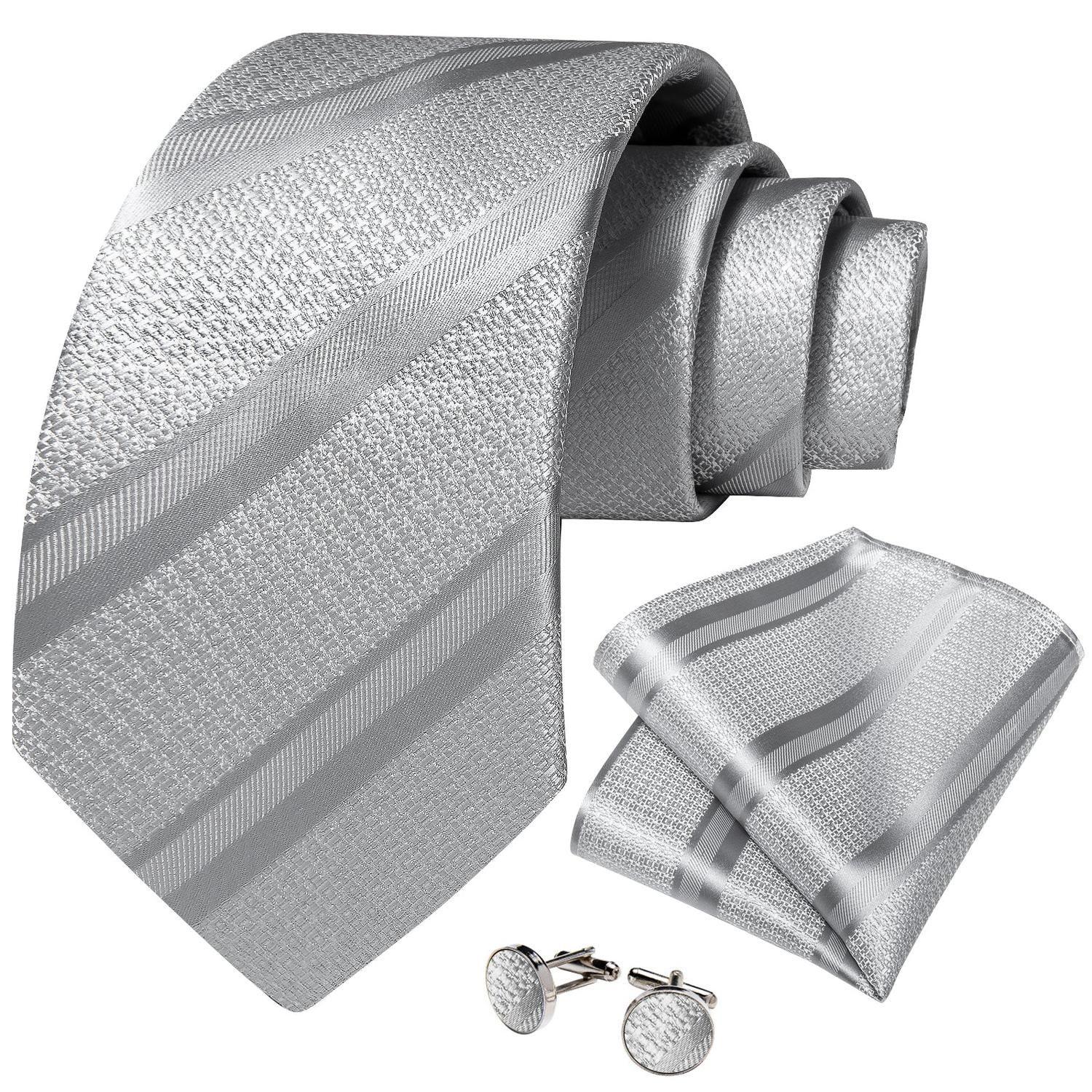 Corbata Plata hombre seda con pañuelo y colleras Modelo Plateado Metal-0