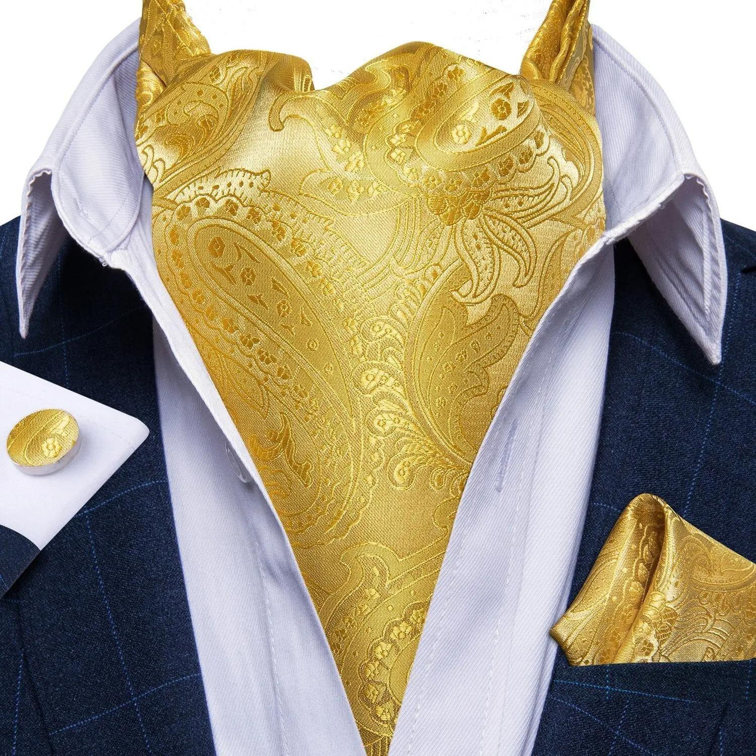Corbata Gruesa Seda Ascot, Paño Y Colleras. Amarillo Rey-0