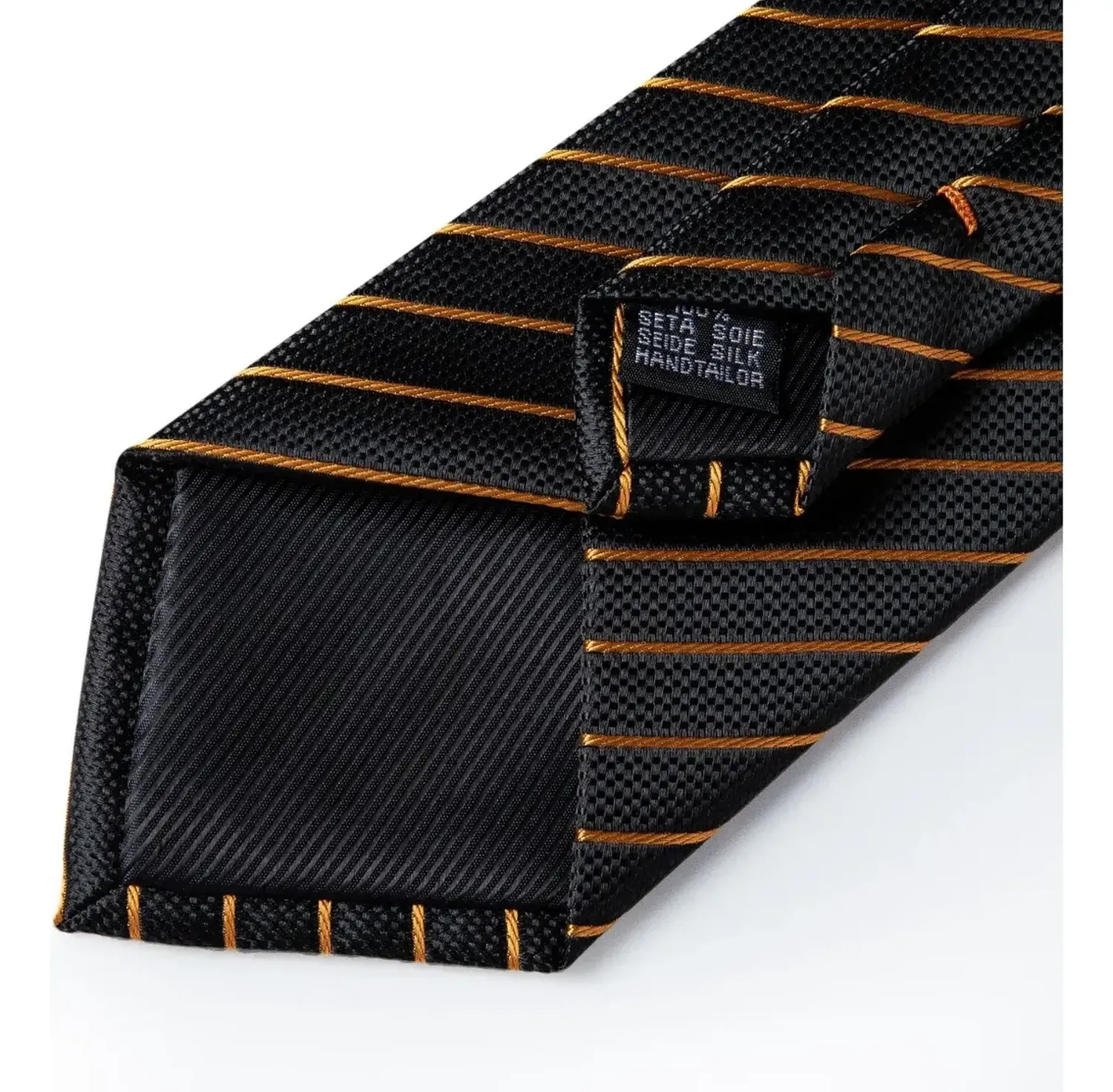 Corbata Seda Hombres, Paño Y Colleras. Modelo Black Copper Negro Rayas 150 Cm-3