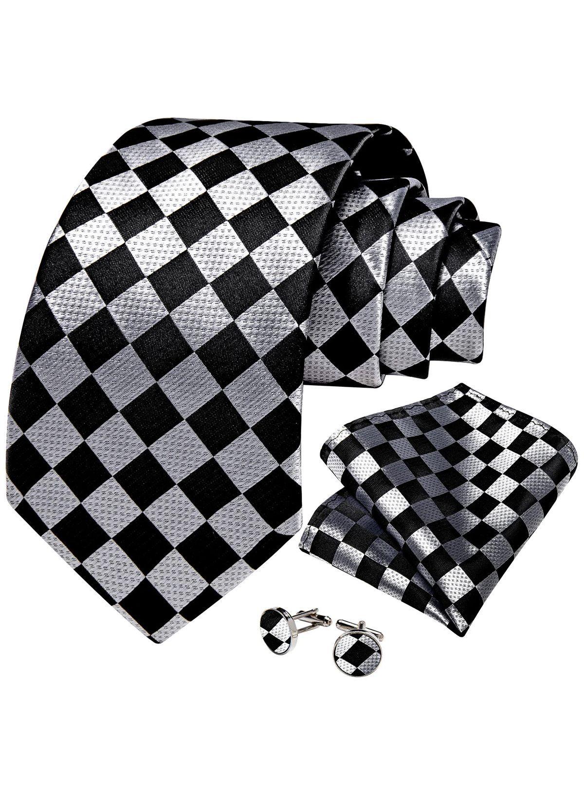 Corbata Hombre Seda con paño y colleras. Modelo Ajedrez Blanco y Negro-0
