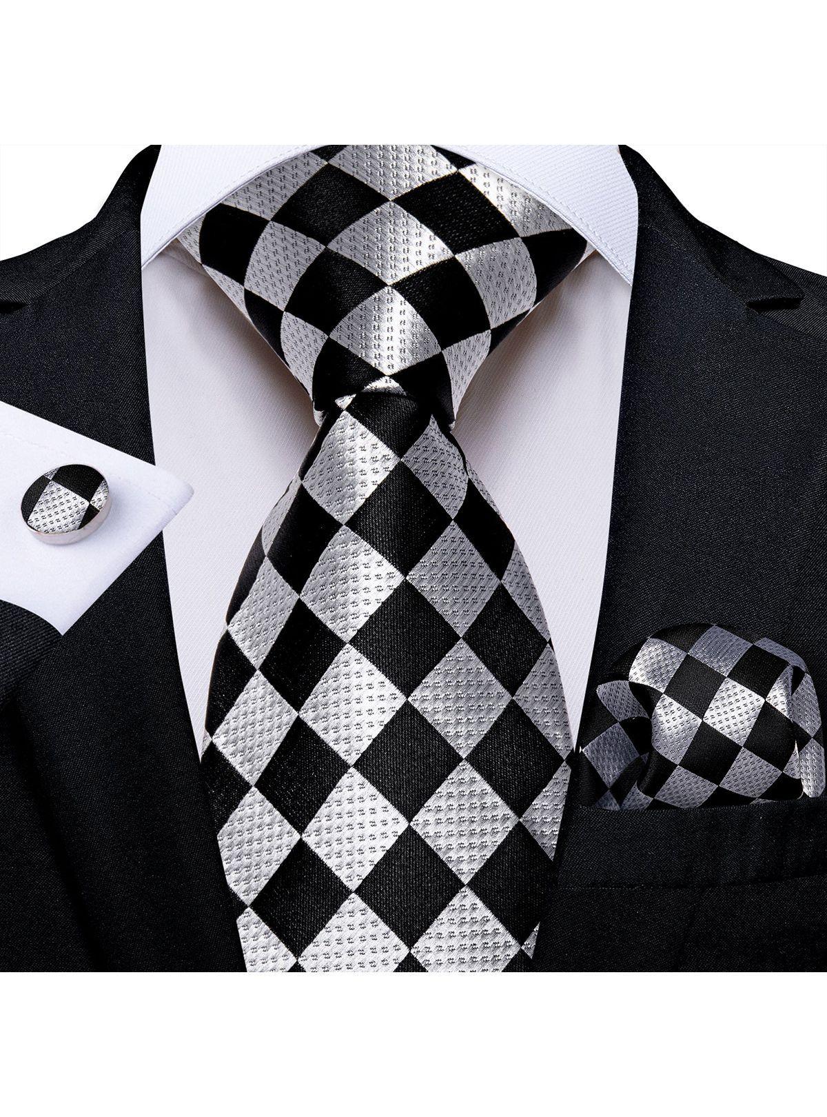Corbata Hombre Seda con paño y colleras. Modelo Ajedrez Blanco y Negro-1