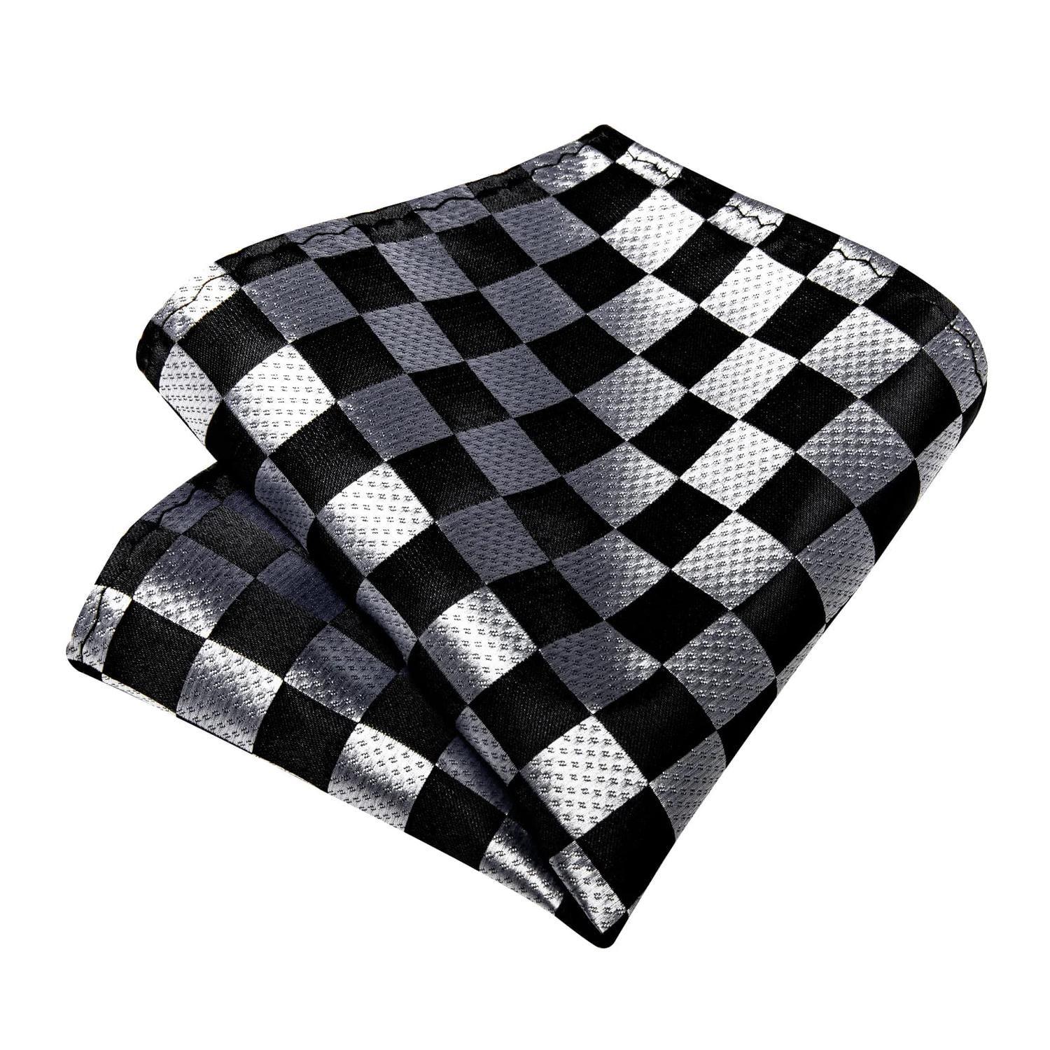 Corbata Blanco y Negro Hombre seda pañuelo y colleras Modelo Ajedrez-3