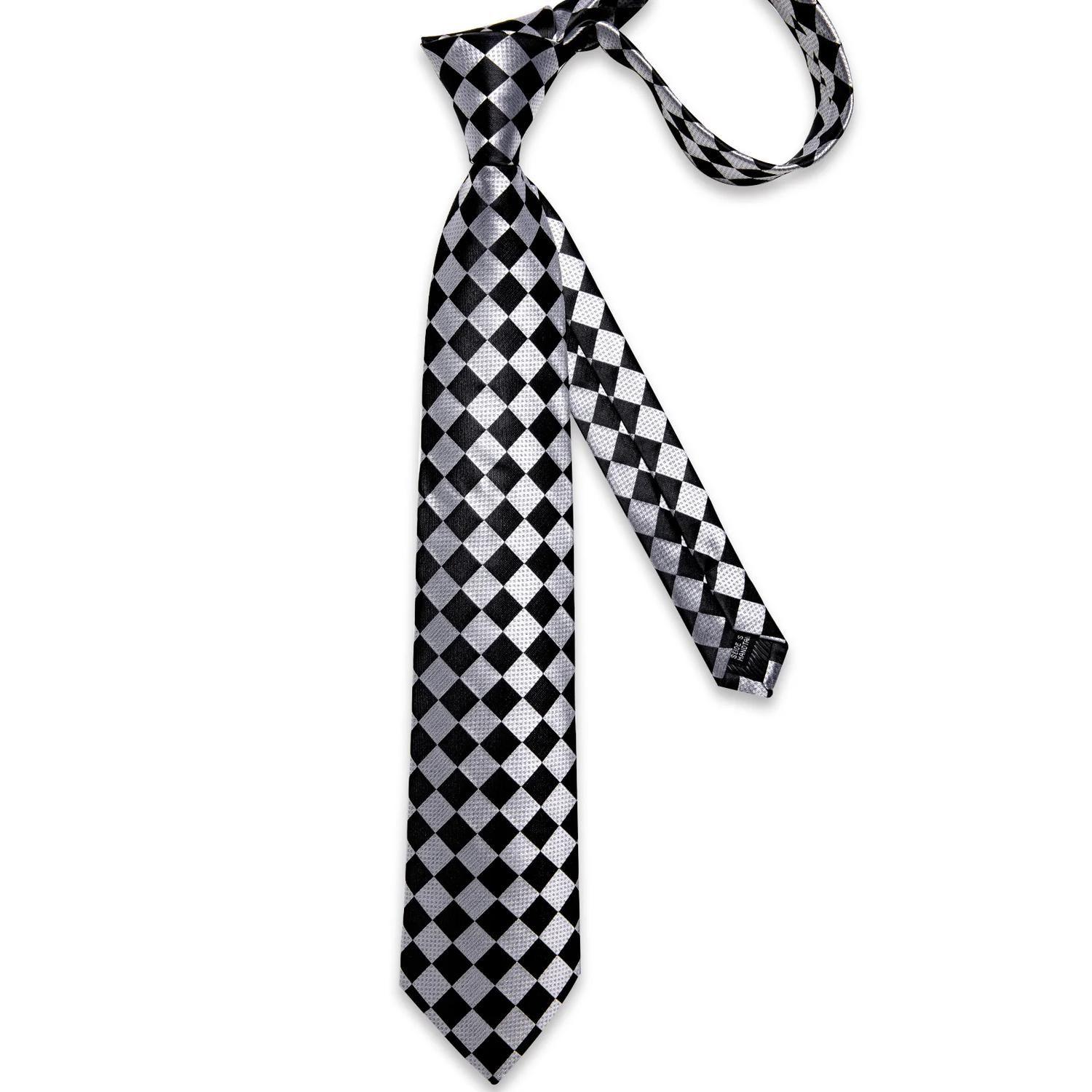 Corbata Blanco y Negro Hombre seda pañuelo y colleras Modelo Ajedrez-4