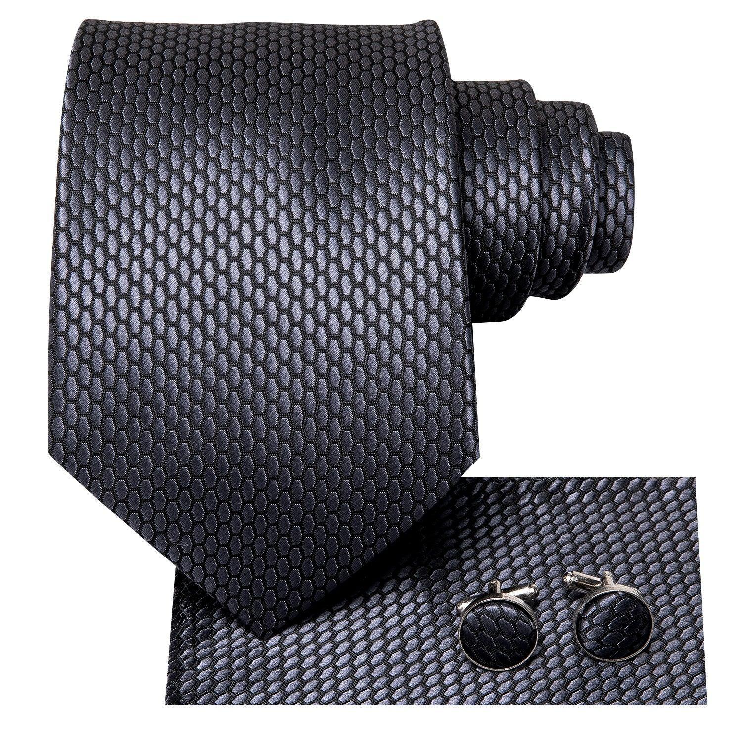 Corbata hombre seda con pañuelo y colleras Modelo Grafito Texturizado-5