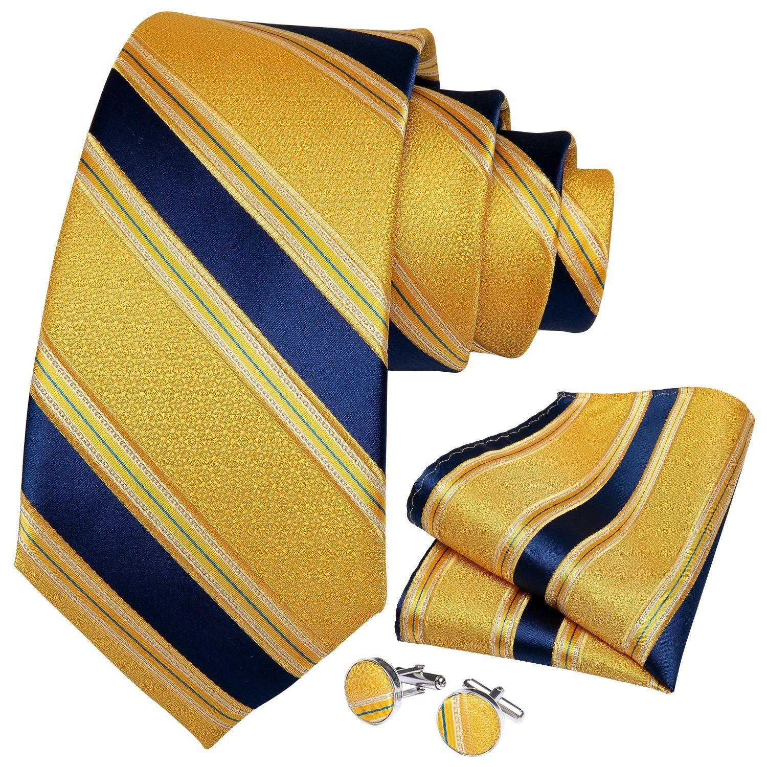 Corbata amarilla azul seda hombre paño y colleras Modelo Oro y cielo-0