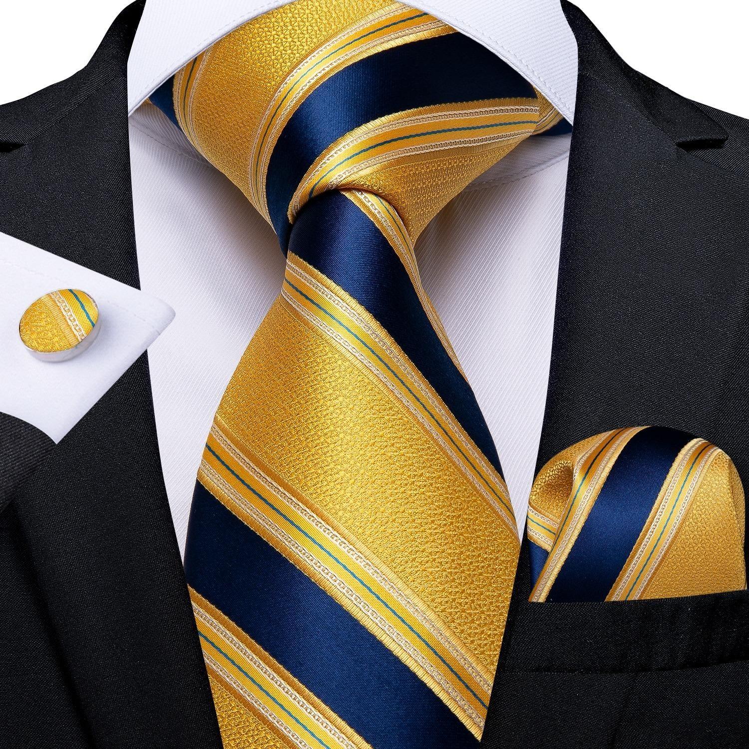 Corbata amarilla azul seda hombre paño y colleras Modelo Oro y cielo-1