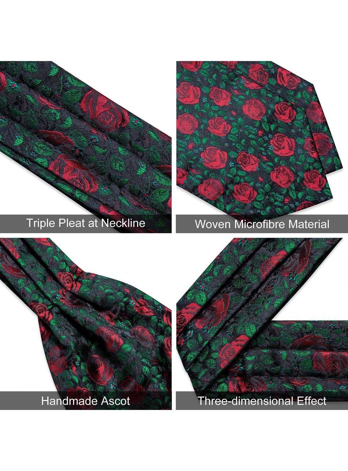 Corbata Gruesa Ascot Cravat + paño + colleras. Floreado Rosas Rojas-3
