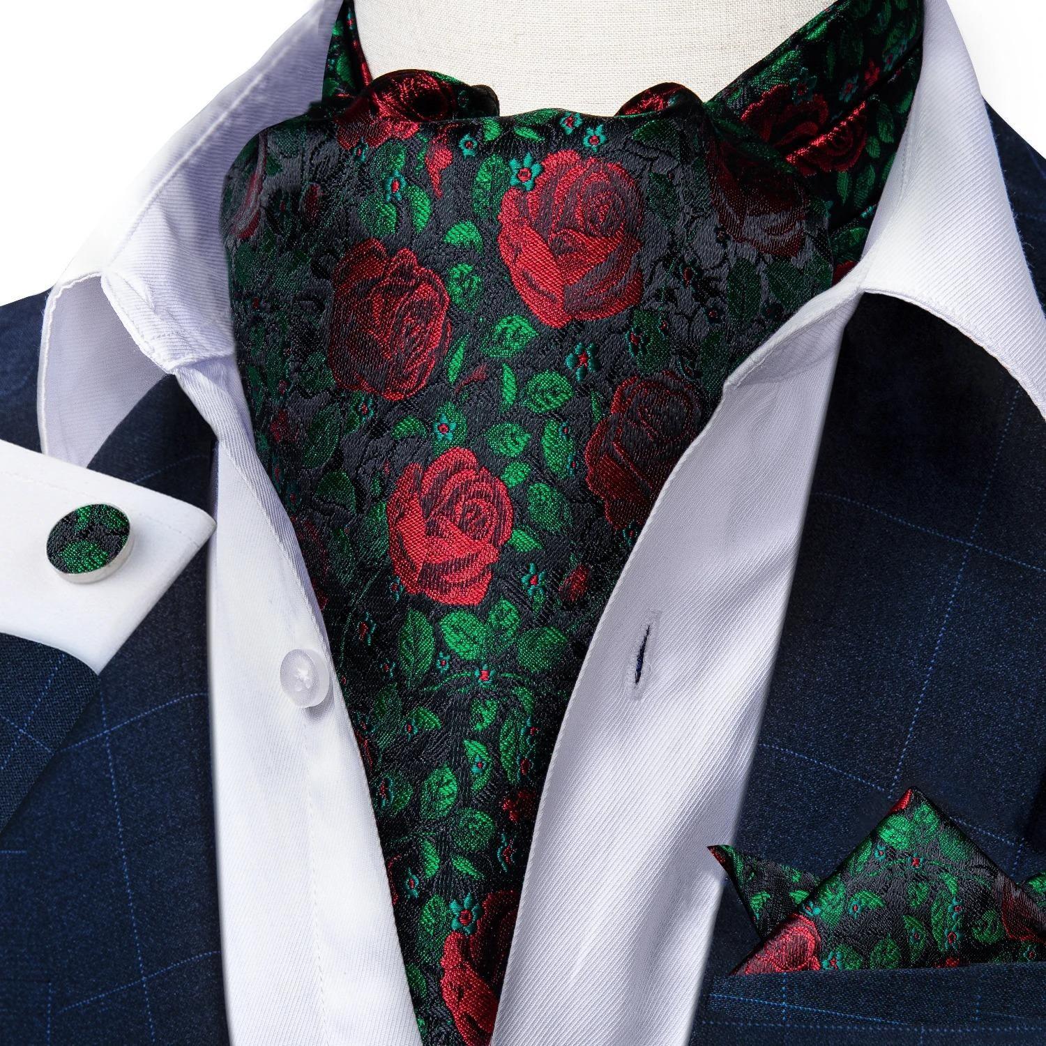 Set corbata gruesa Ascot hombre elegante formal. Modelo Floreado Rosas Rojas-0