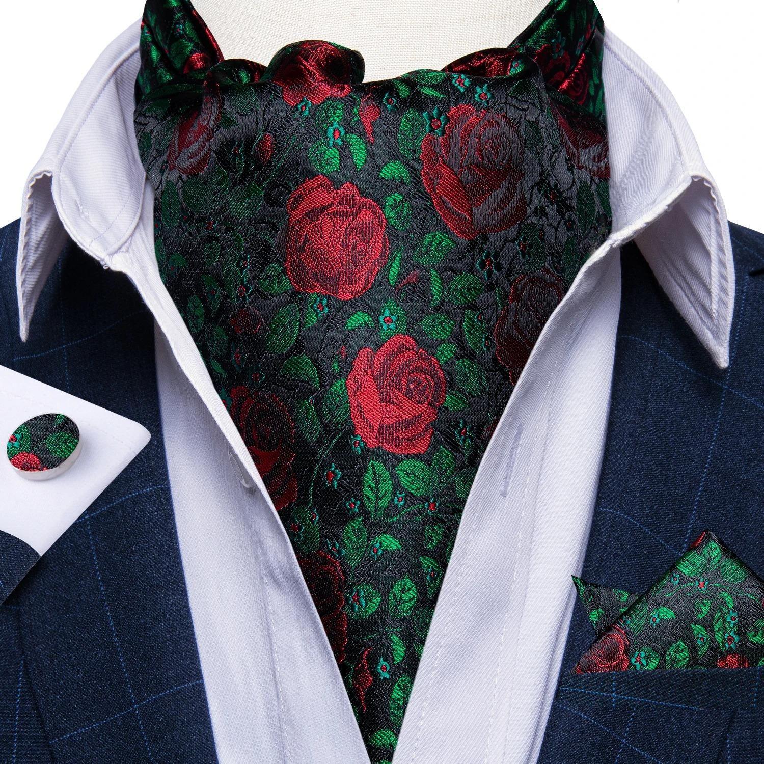 Set corbata gruesa Ascot hombre elegante formal. Modelo Floreado Rosas Rojas-1