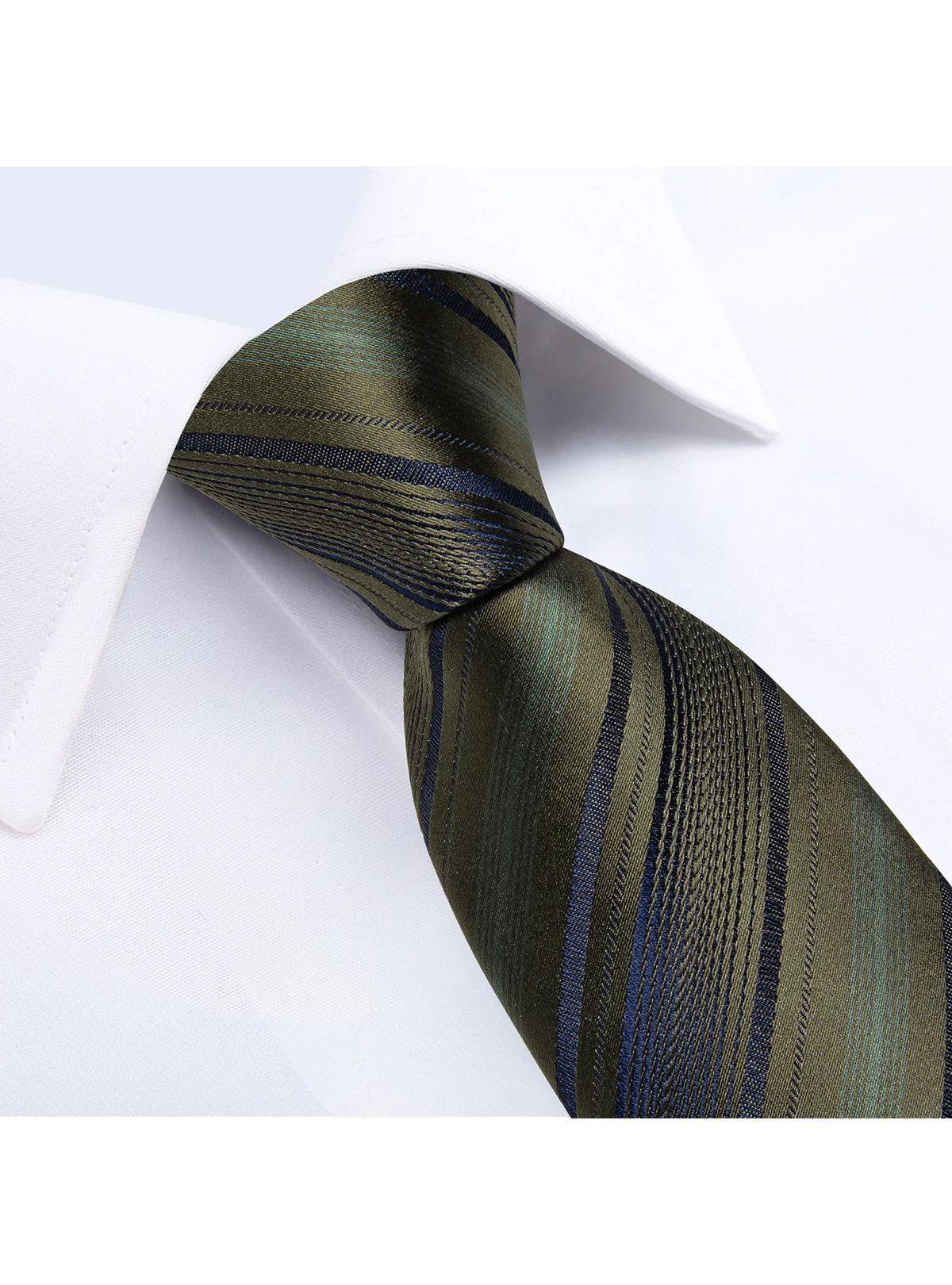 Corbata Seda Hombre con paño y colleras. Modelo Verde Musgo Rayas-2
