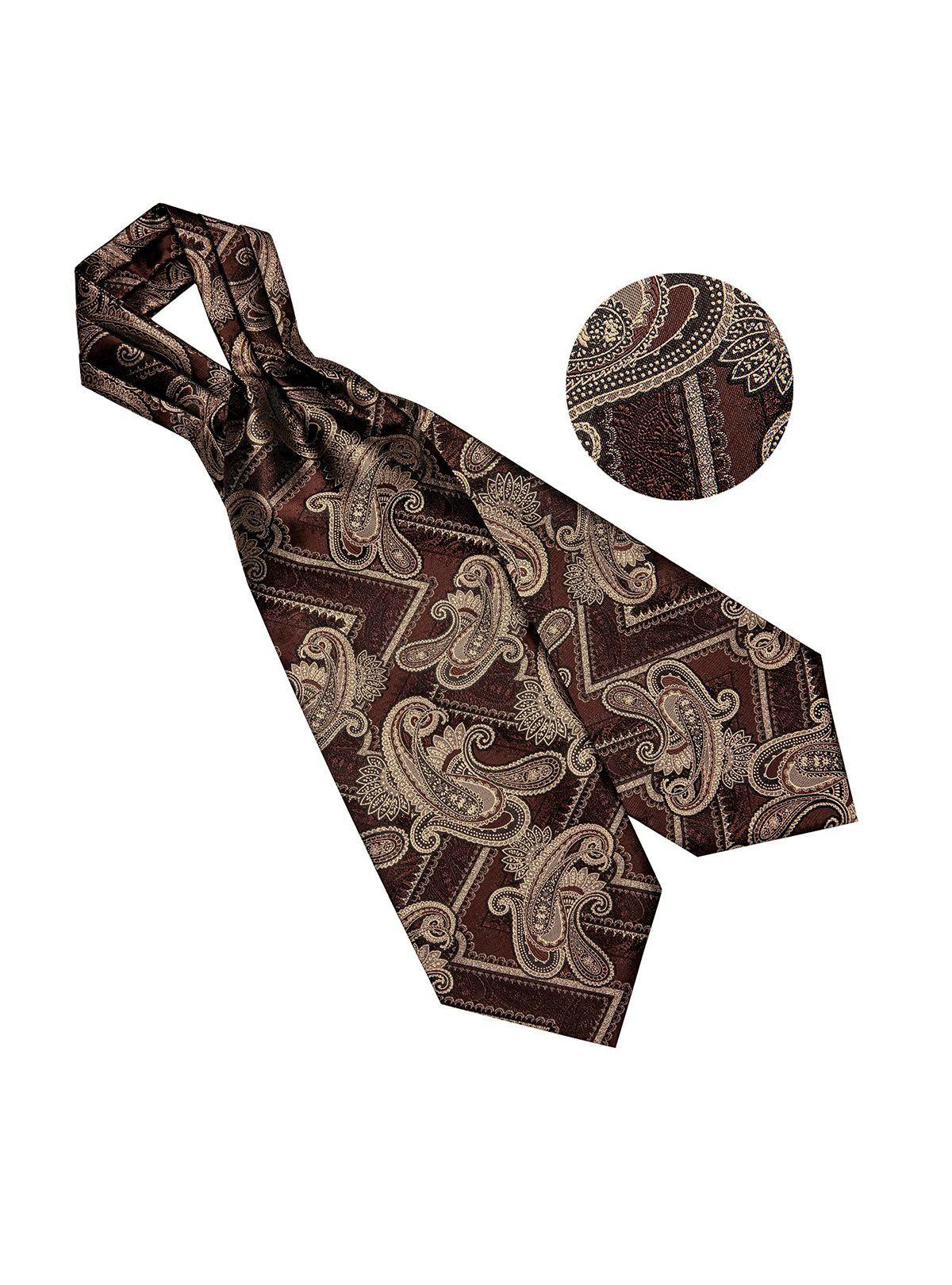 Corbata Gruesa Ascot Cravat + paño + colleras. Café Oscuro-2