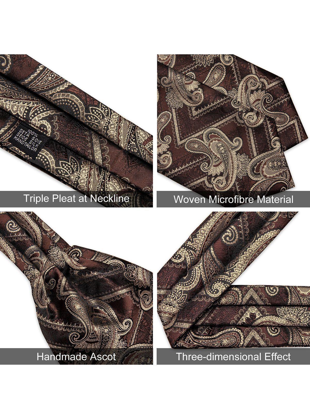 Corbata Gruesa Ascot Cravat + paño + colleras. Café Oscuro-4