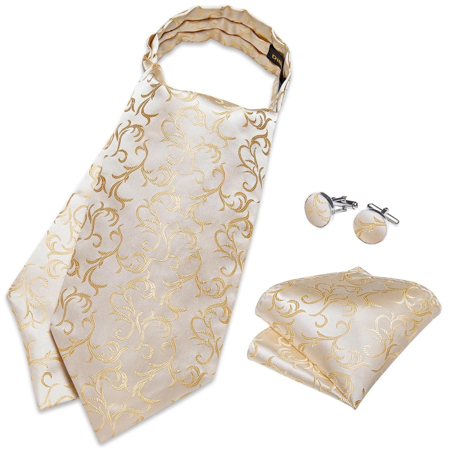Set Ascot Cravat de seda con paño y colleras. Modelo White Golden-2