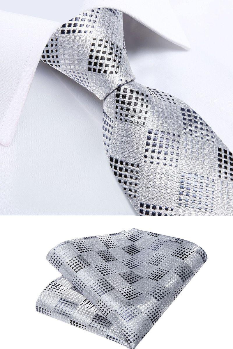 Corbata Hombre Seda + Paño + Colleras formal. Modelo Punto Gris-3