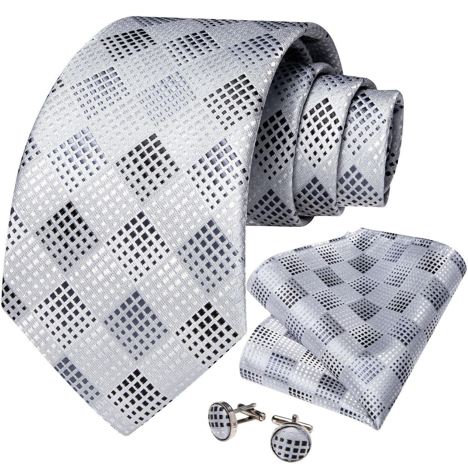 Corbata Gris seda hombre con paño y colleras Modelo Punto Gris-0