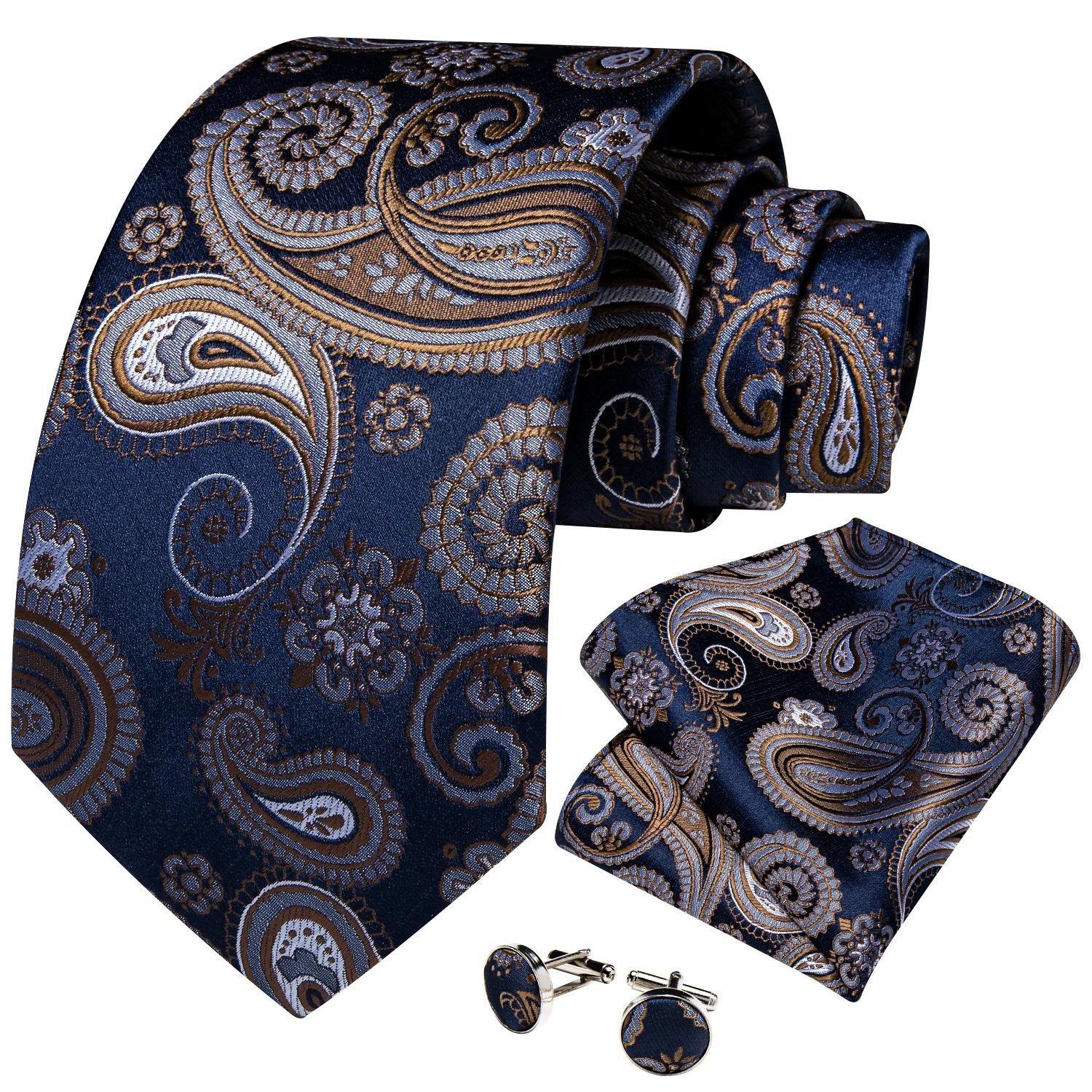 Corbata Azul Seda hombre con paño y colleras Azul Café Flores-0