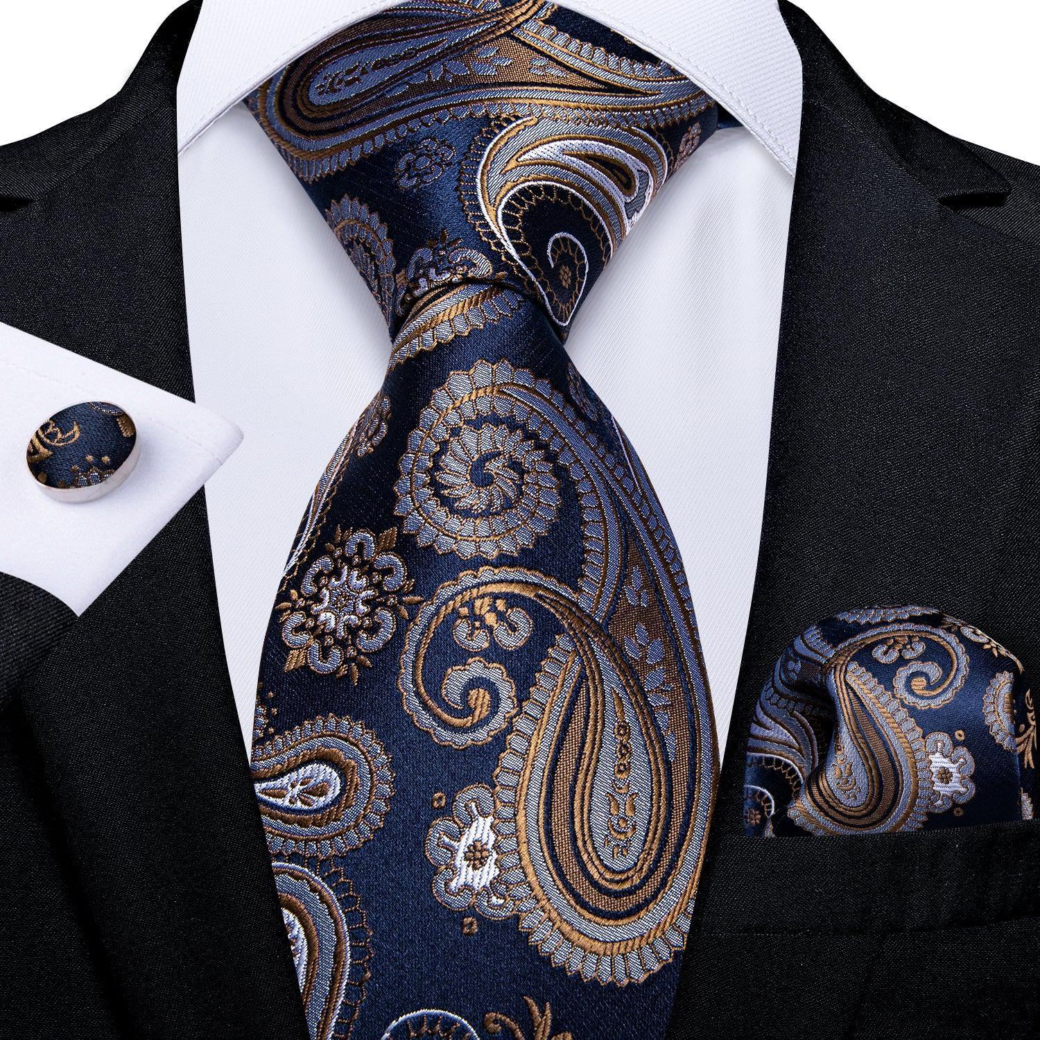 Corbata Azul Seda hombre con paño y colleras Azul Café Flores-1