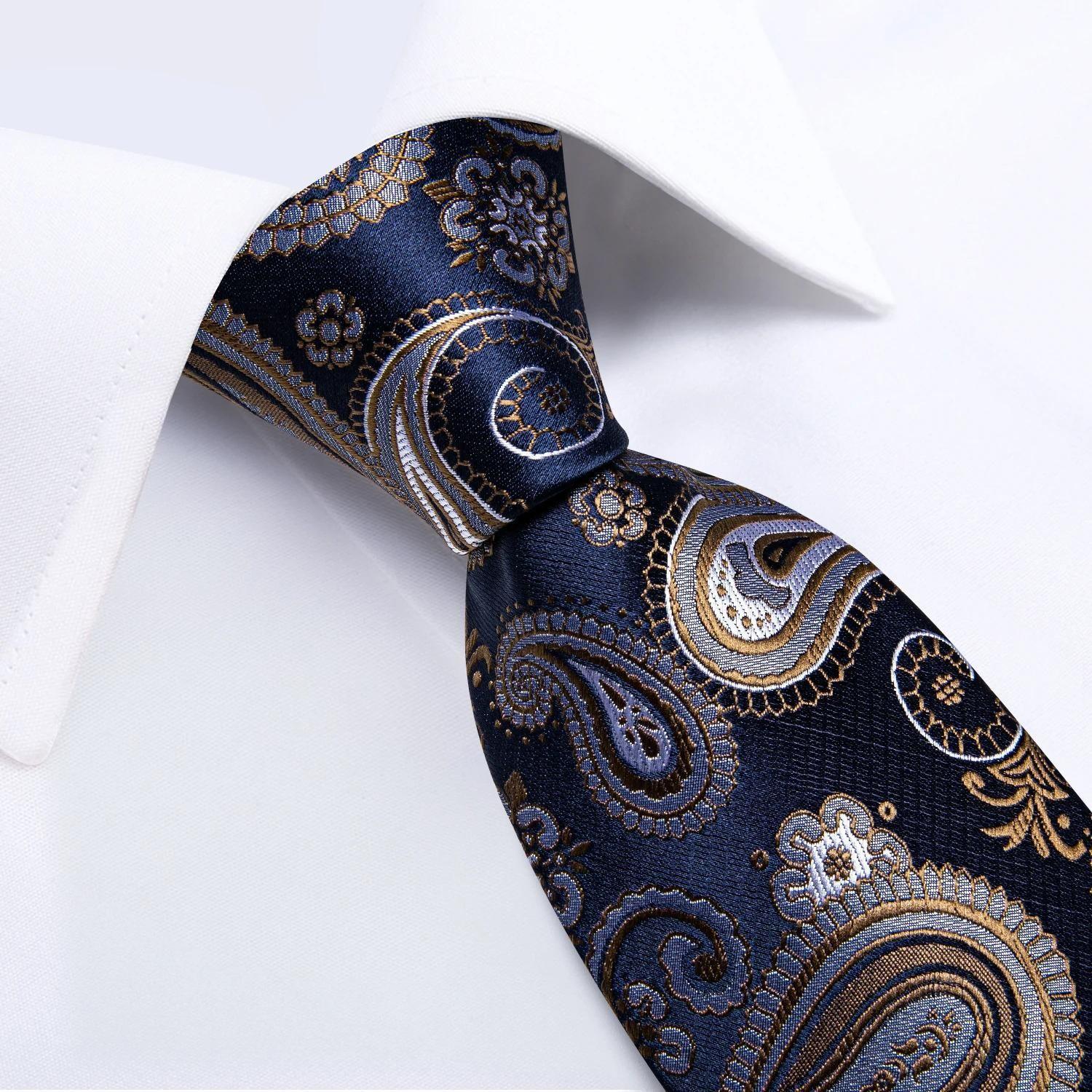 Corbata Azul Seda hombre con paño y colleras Azul Café Flores-2