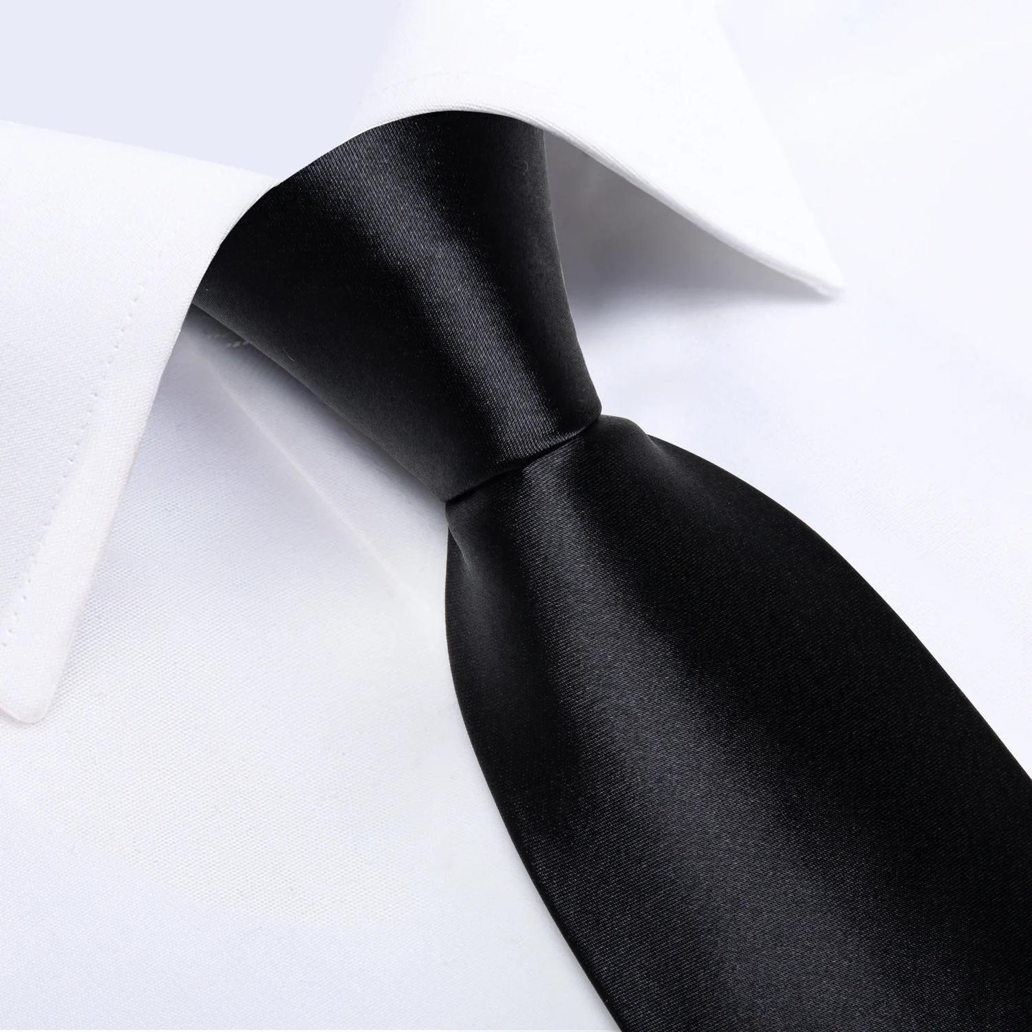 Corbata Negra Brillante hombre seda con paño y colleras Negro Italiano-2