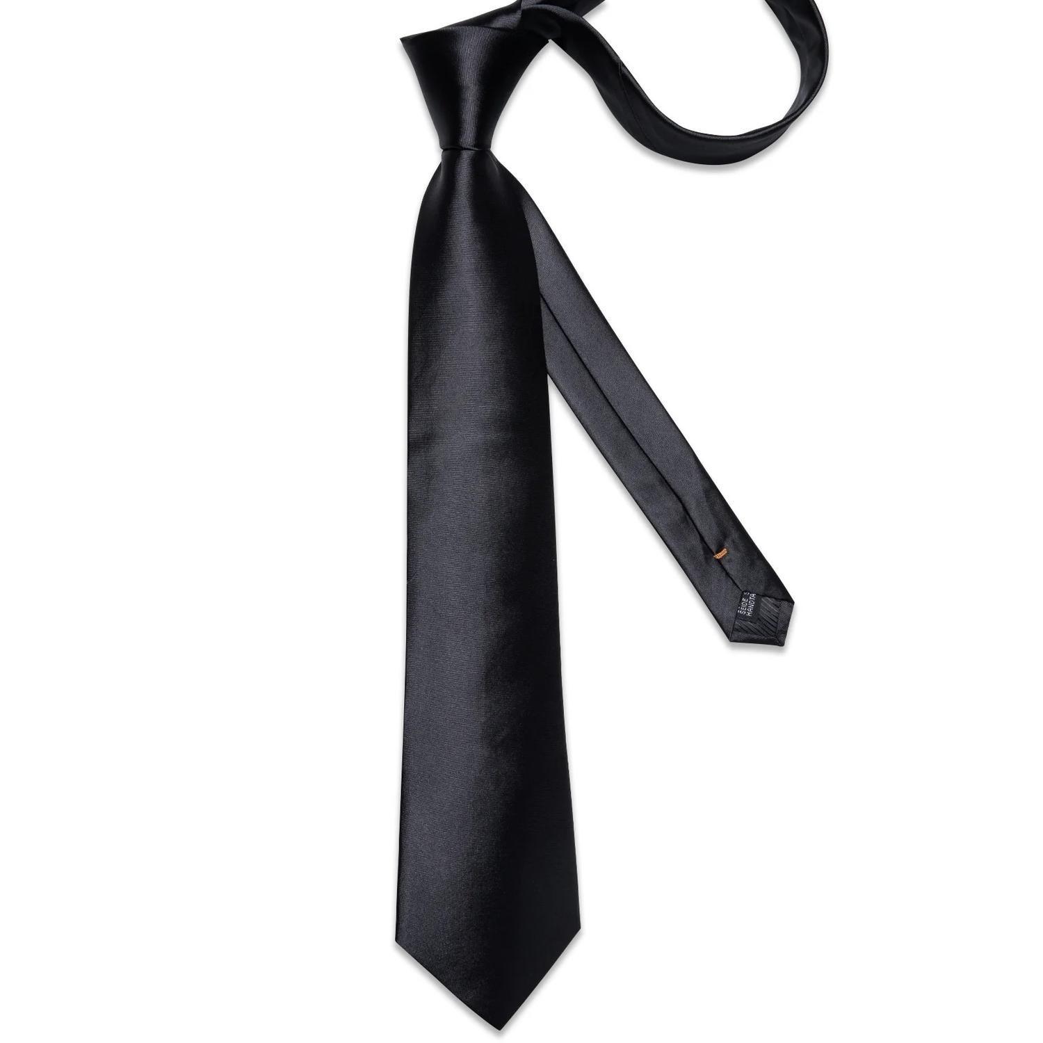 Corbata Negra Brillante hombre seda con paño y colleras Negro Italiano-4