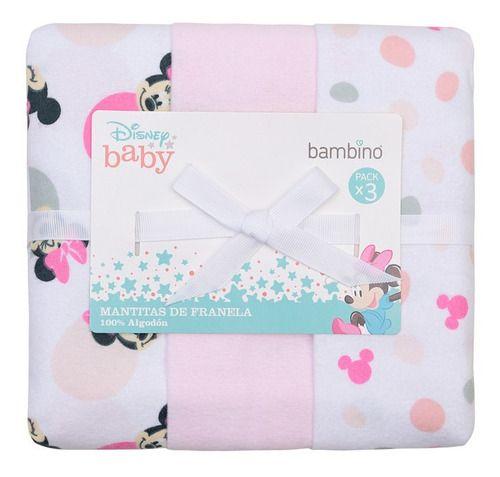 Set 3   Mantita Franela Bambino  Minnie Puntos Rosado-1