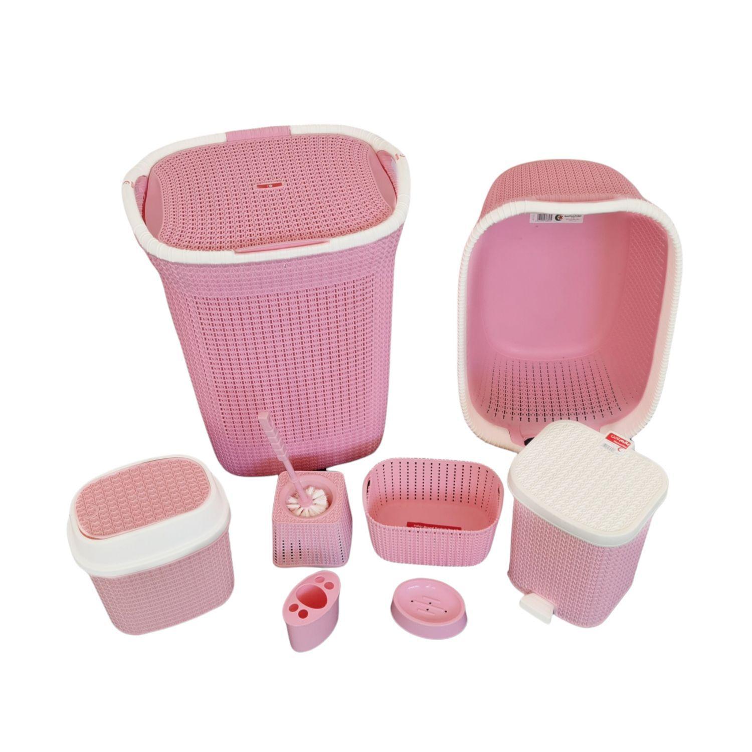 Set de baño 8 en 1 pvc cesta isopo papelera rosado-1