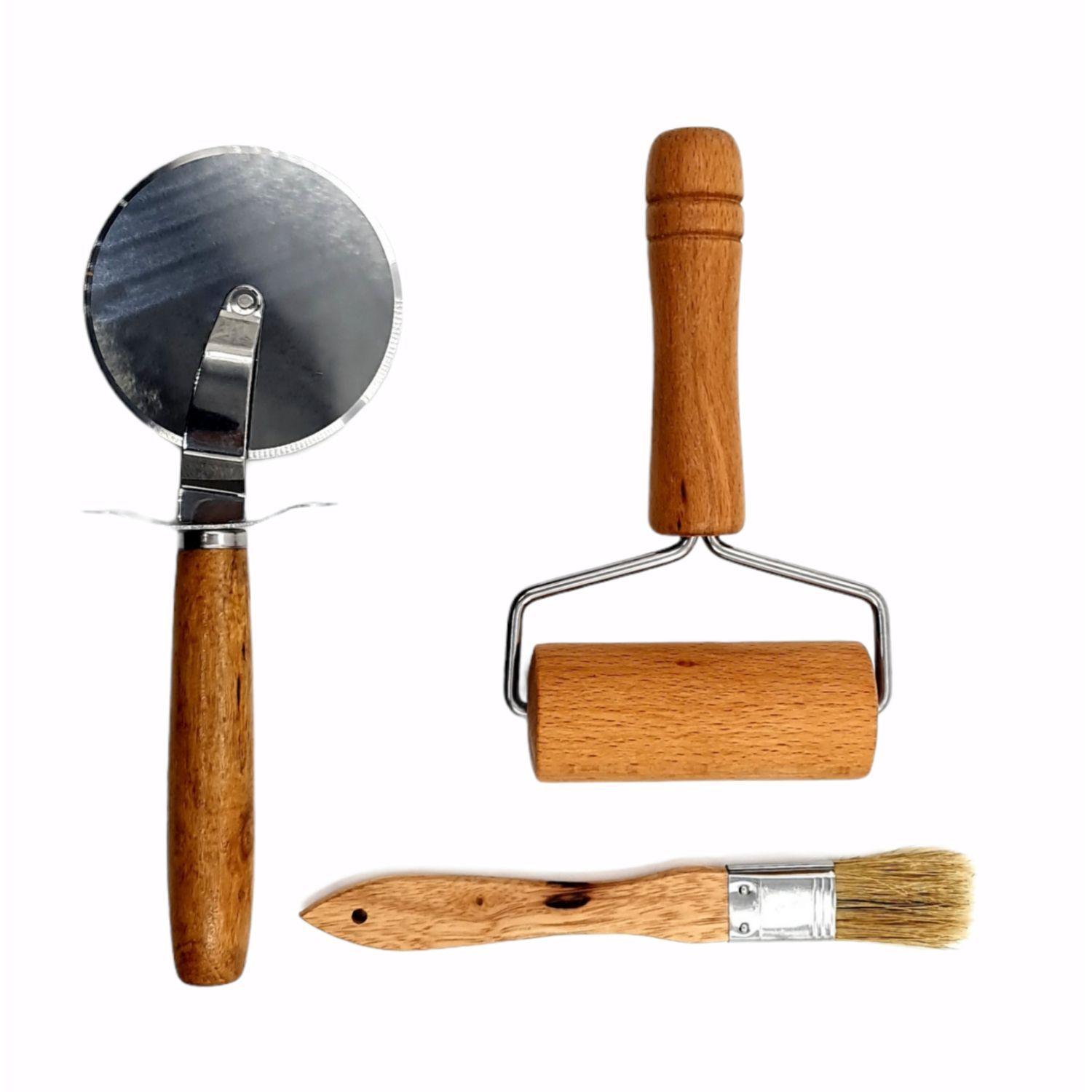 Corta pizza brocha rodillo set 3 piezas madera-0