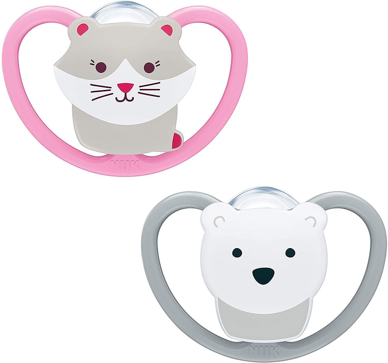 NUK Chupete espacial silicona, forma adaptada a la mandíbula, 6 – 18 meses, gato y oso polar (sin paquete) 2 unidades-0