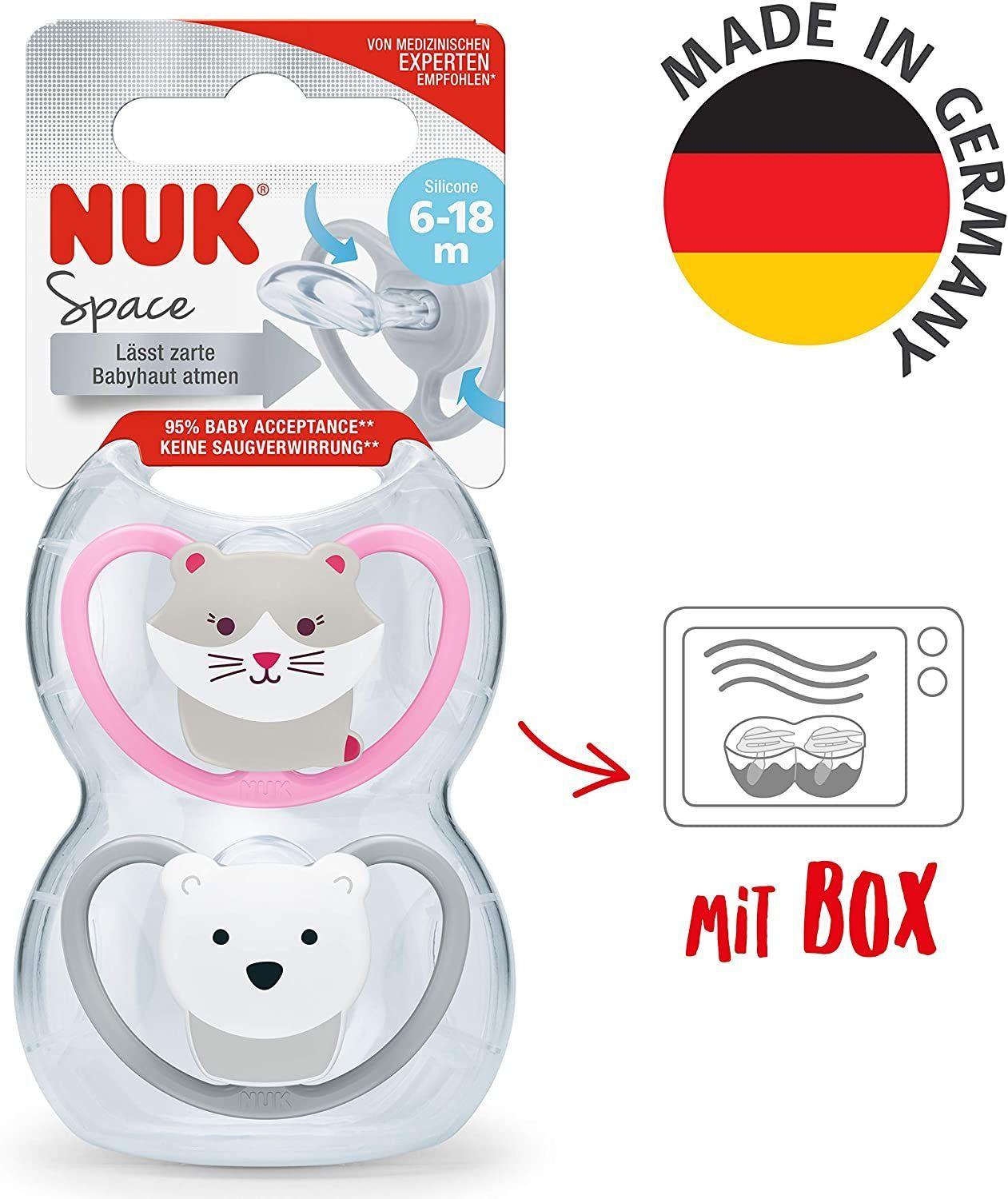 NUK Chupete espacial silicona, forma adaptada a la mandíbula, 6 – 18 meses, gato y oso polar (sin paquete) 2 unidades-1