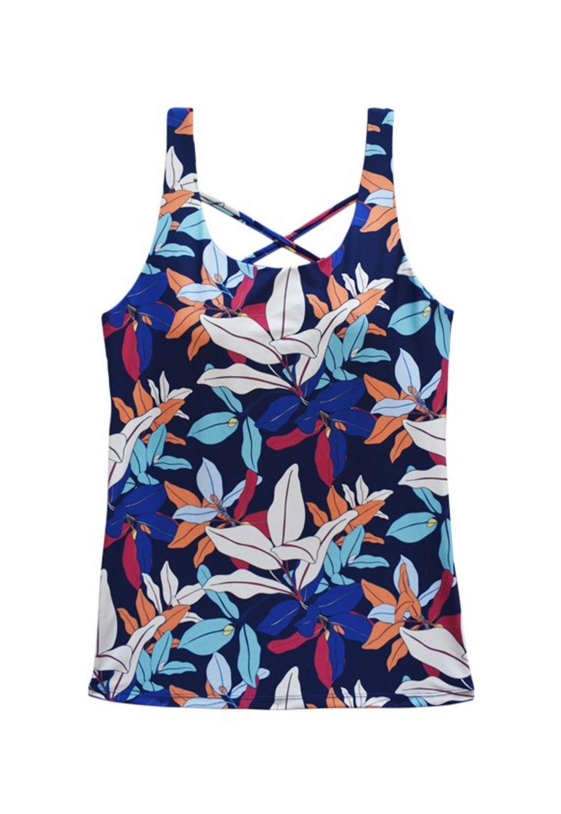Tankini con escote en la espalda estampado azul-2