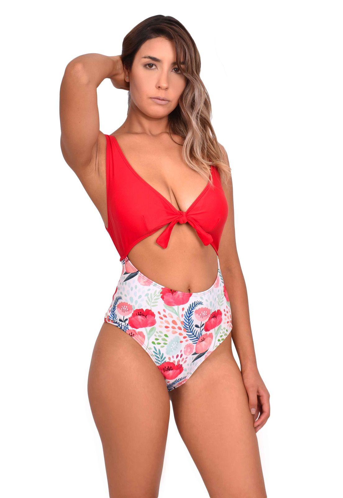 Trikini con nudo ajustable estampado rojo-0