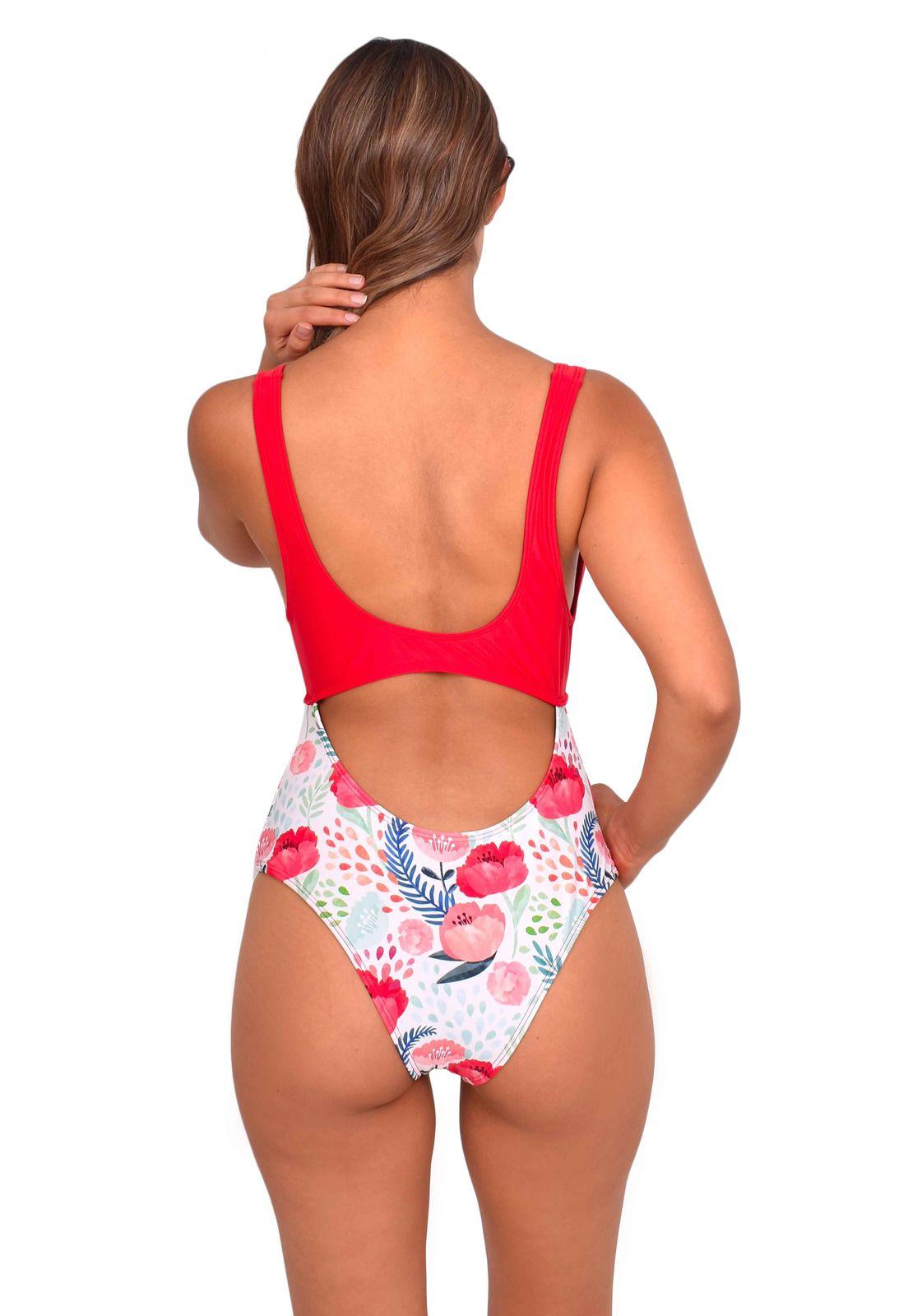 Trikini con nudo ajustable estampado rojo-1
