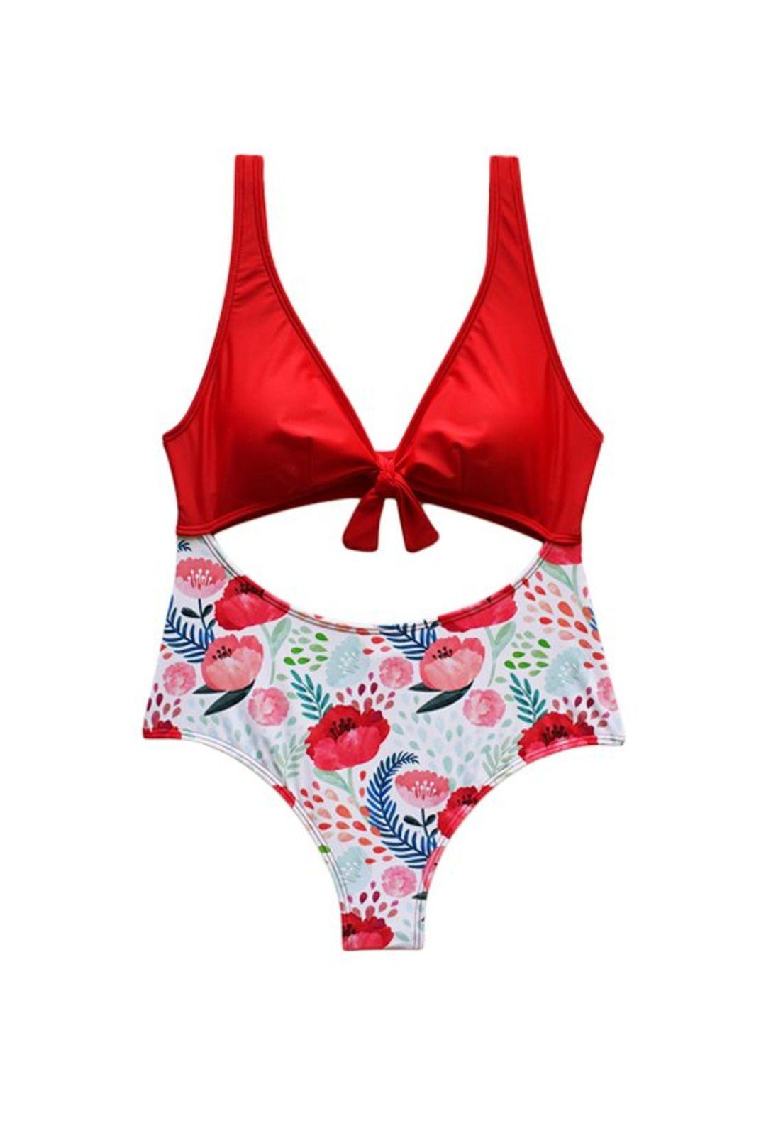 Trikini con nudo ajustable estampado rojo-2