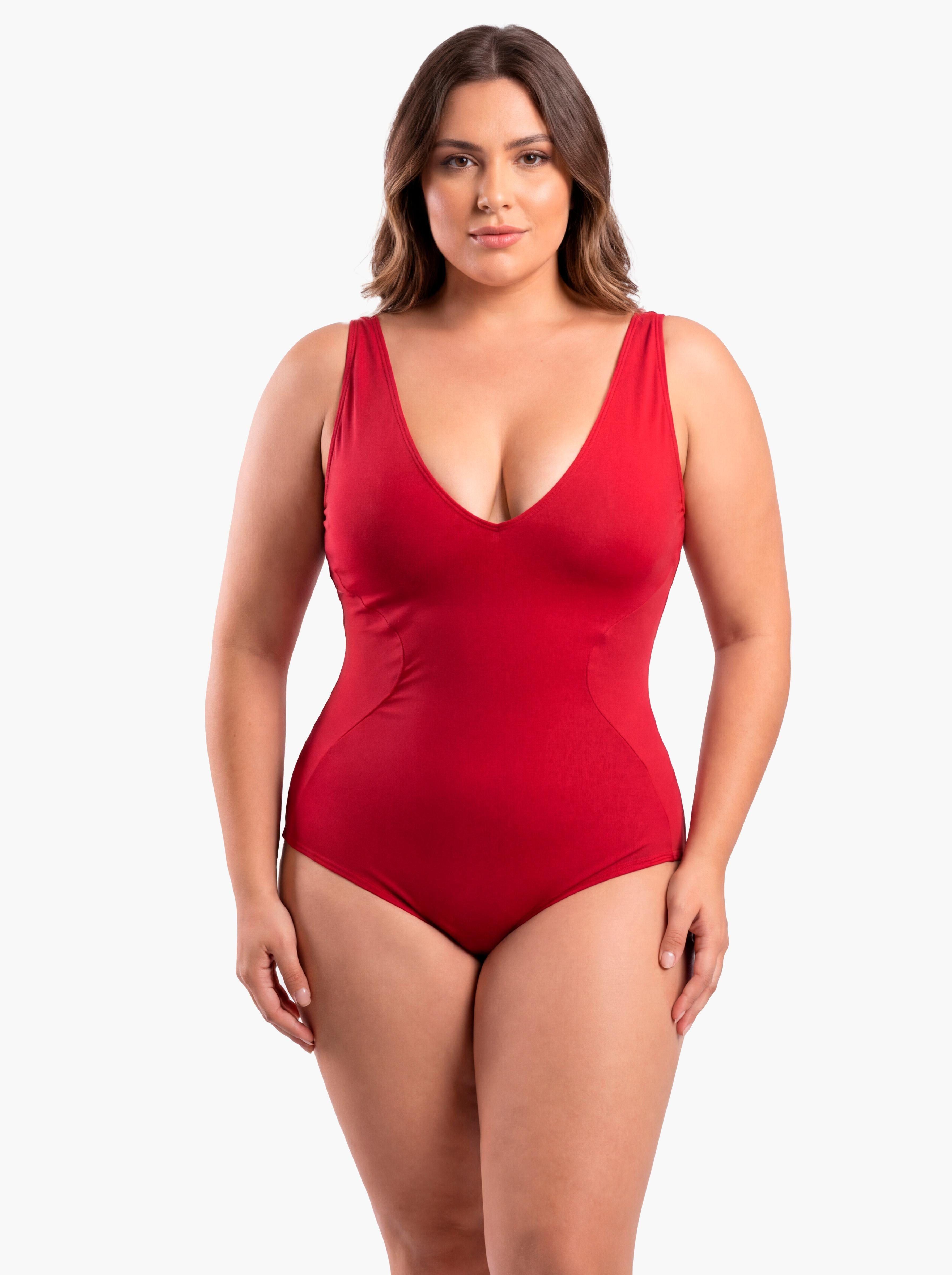 Traje de baño reductor estilo corset ajustable rojo-3