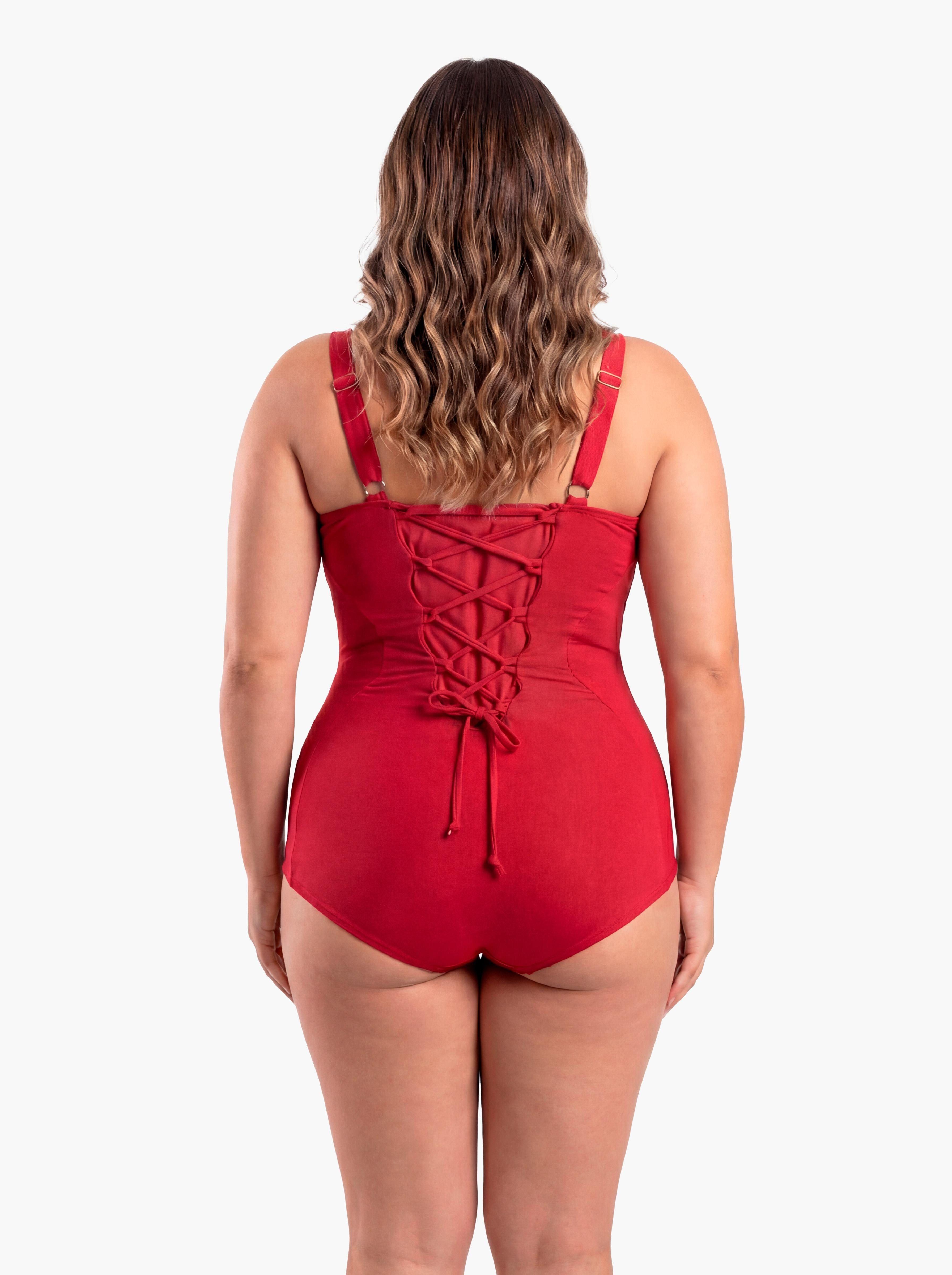 Traje de baño reductor estilo corset ajustable rojo-4