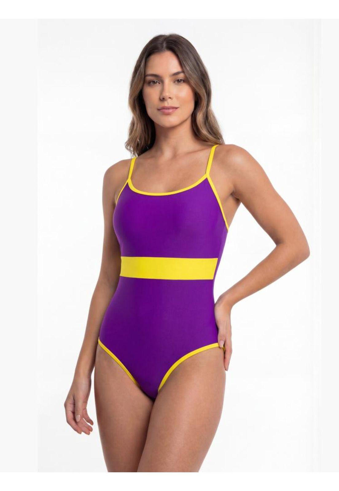 Traje de baño mujer natación con franja amarillo-0