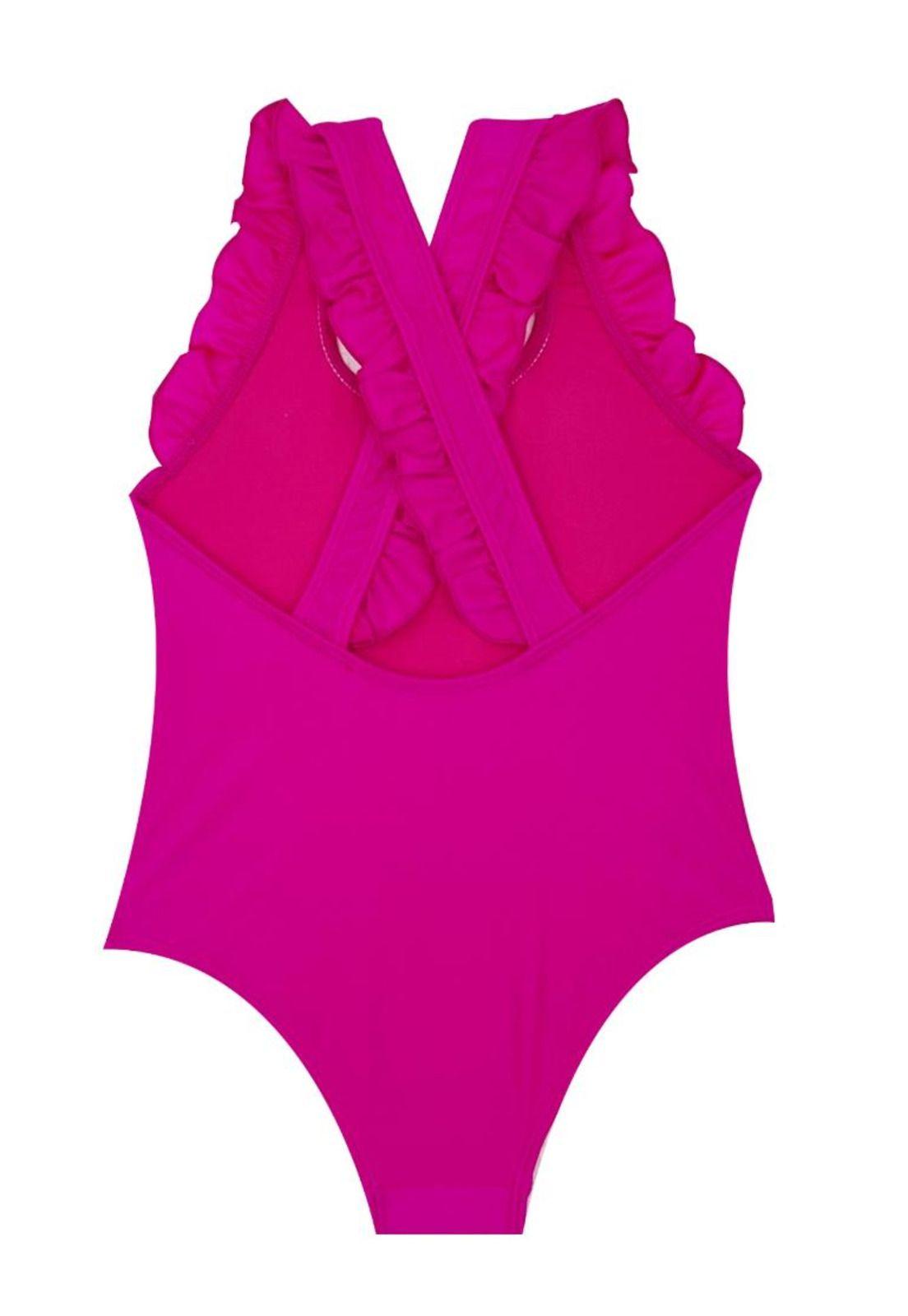 Traje de baño de niña vuelos rosado brillante-1