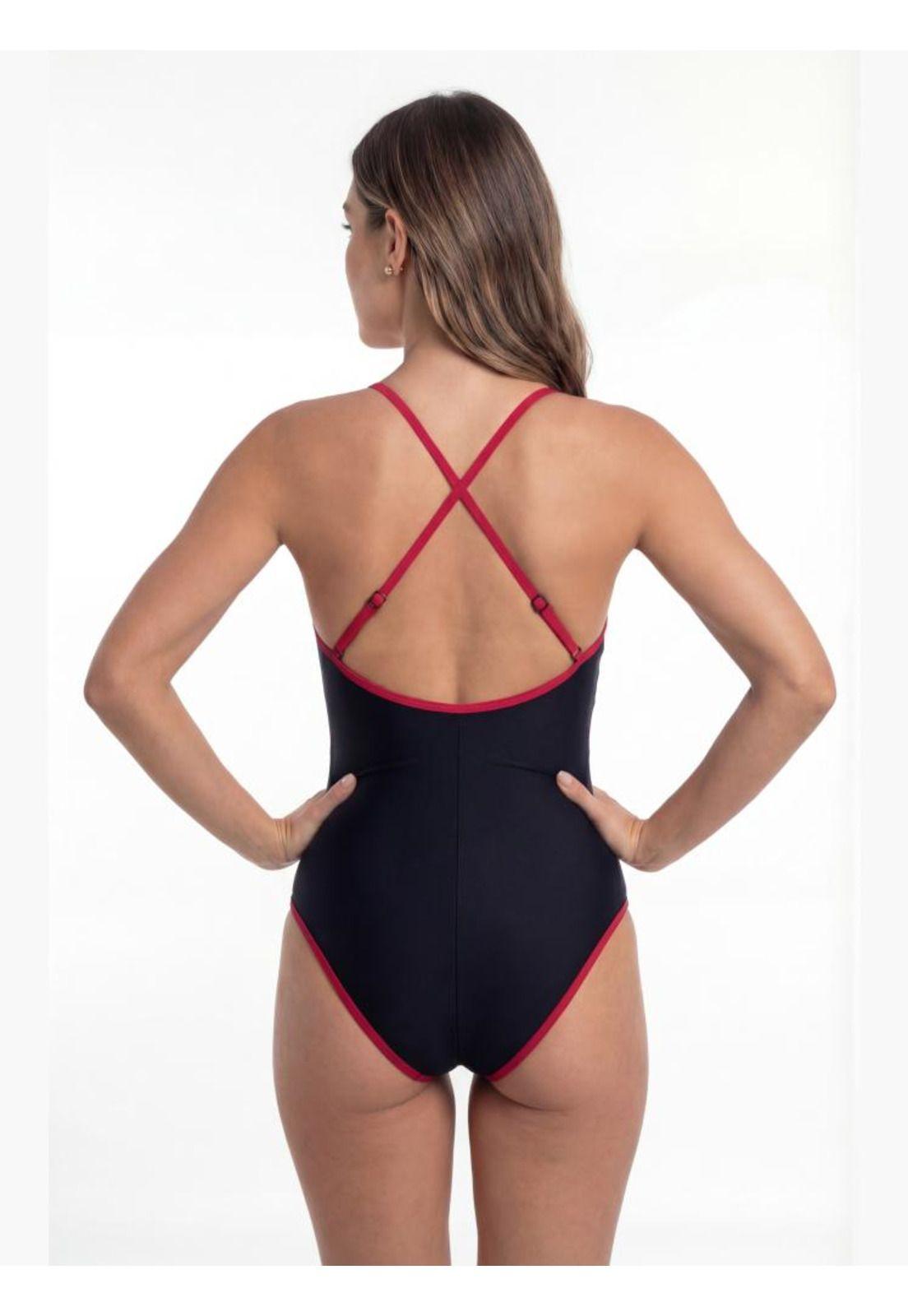 Traje de baño mujer natación con franja rojo-1