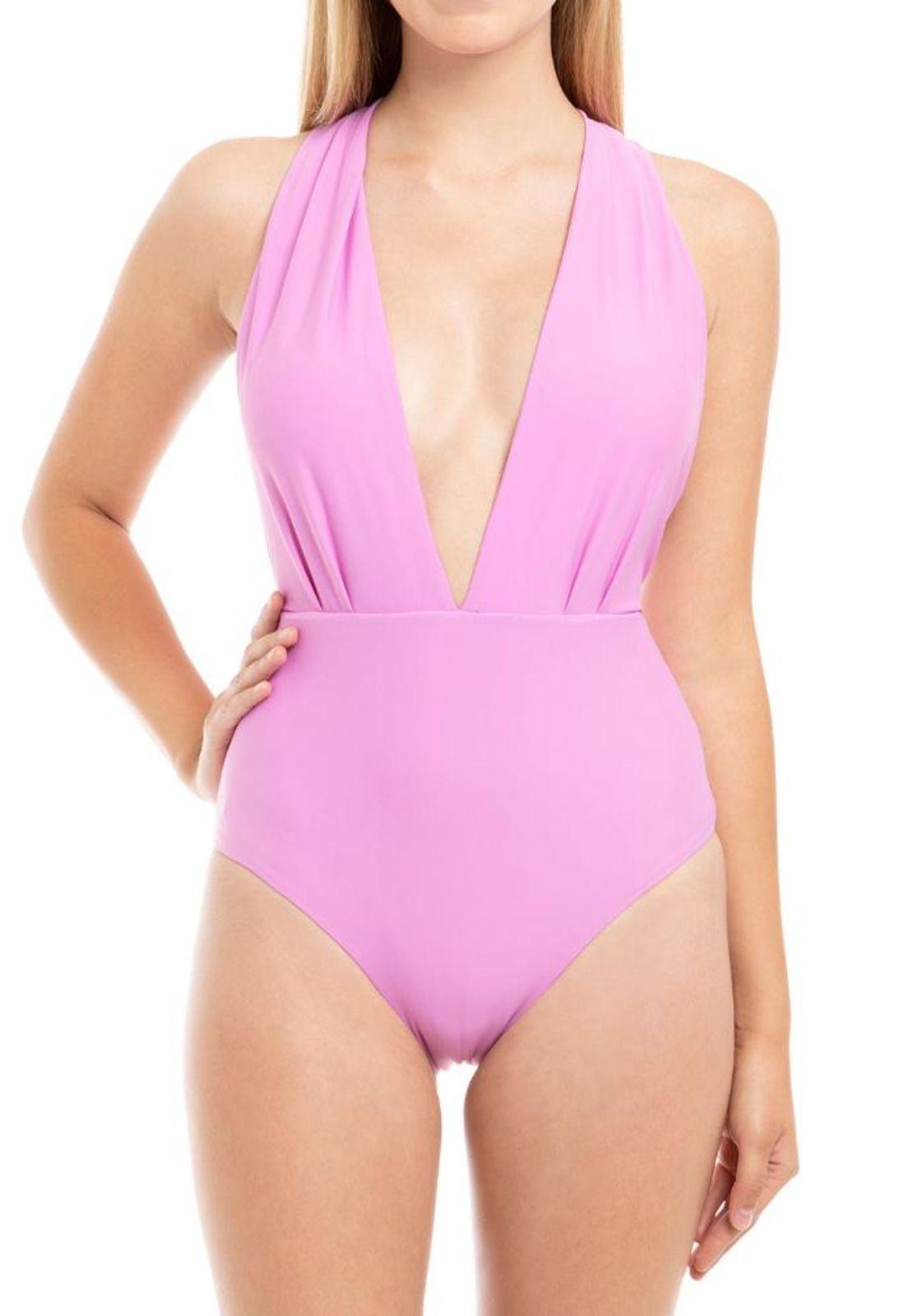 Traje de baño enterito con escote morado-0