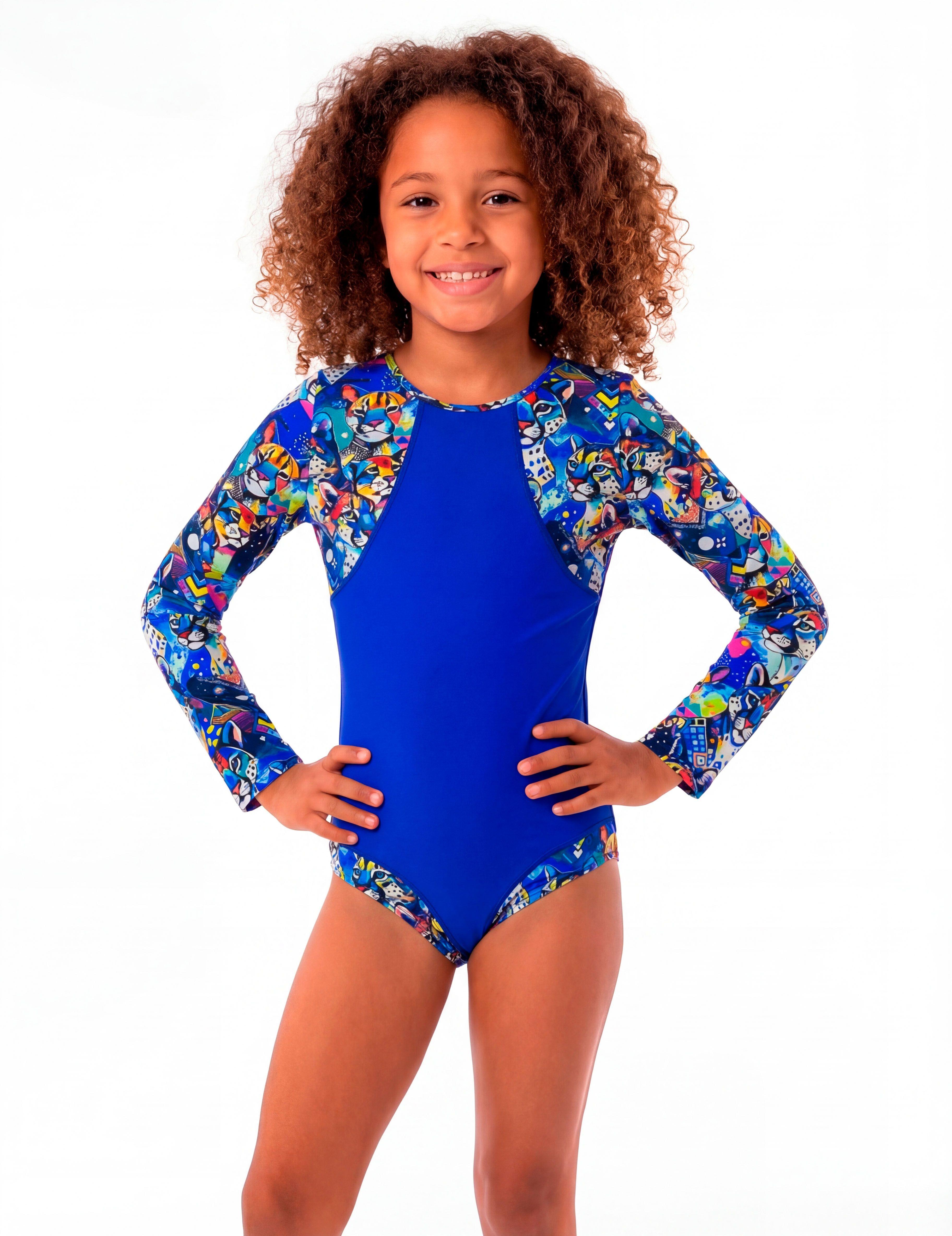 Traje de baño de niña manga larga azul-0