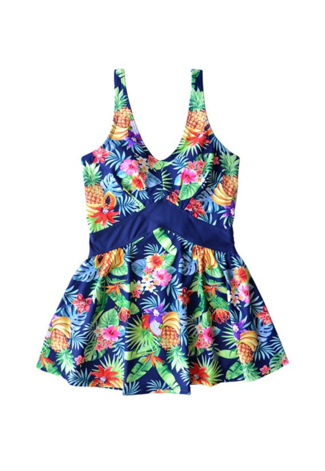 Traje de baño estilo falda larga estampado azul-2