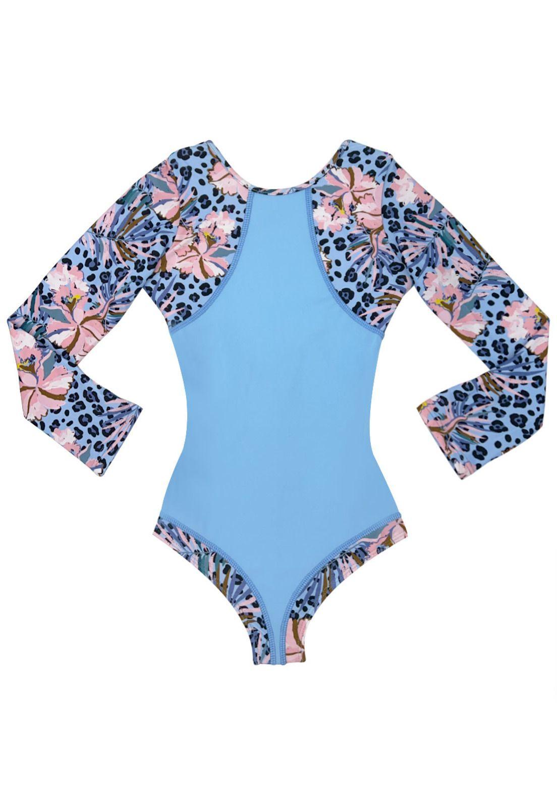 Traje de baño de niña manga larga celeste-0