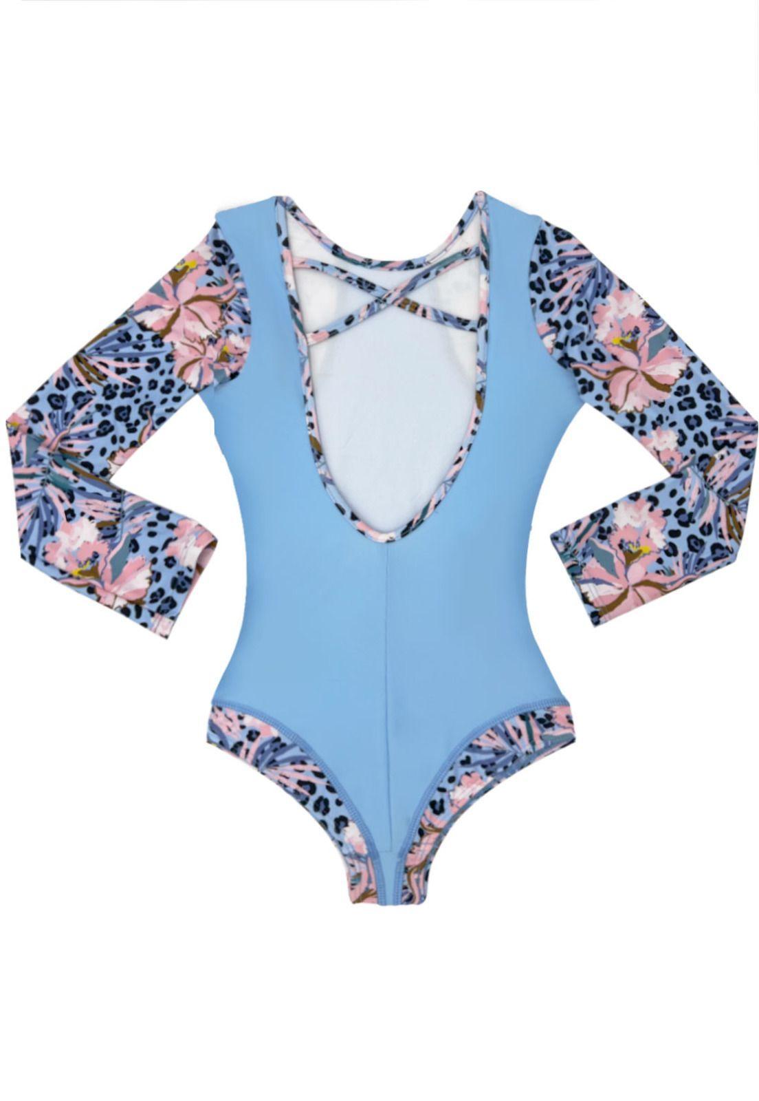 Traje de baño de niña manga larga celeste-1