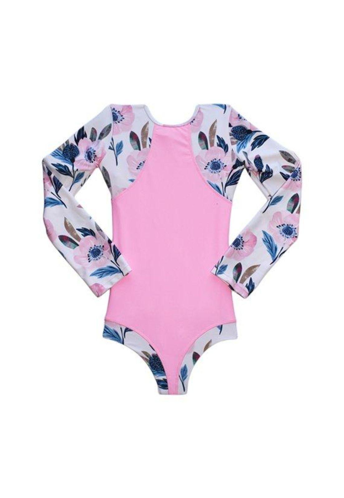 Traje de baño de niña manga larga color rosado-0