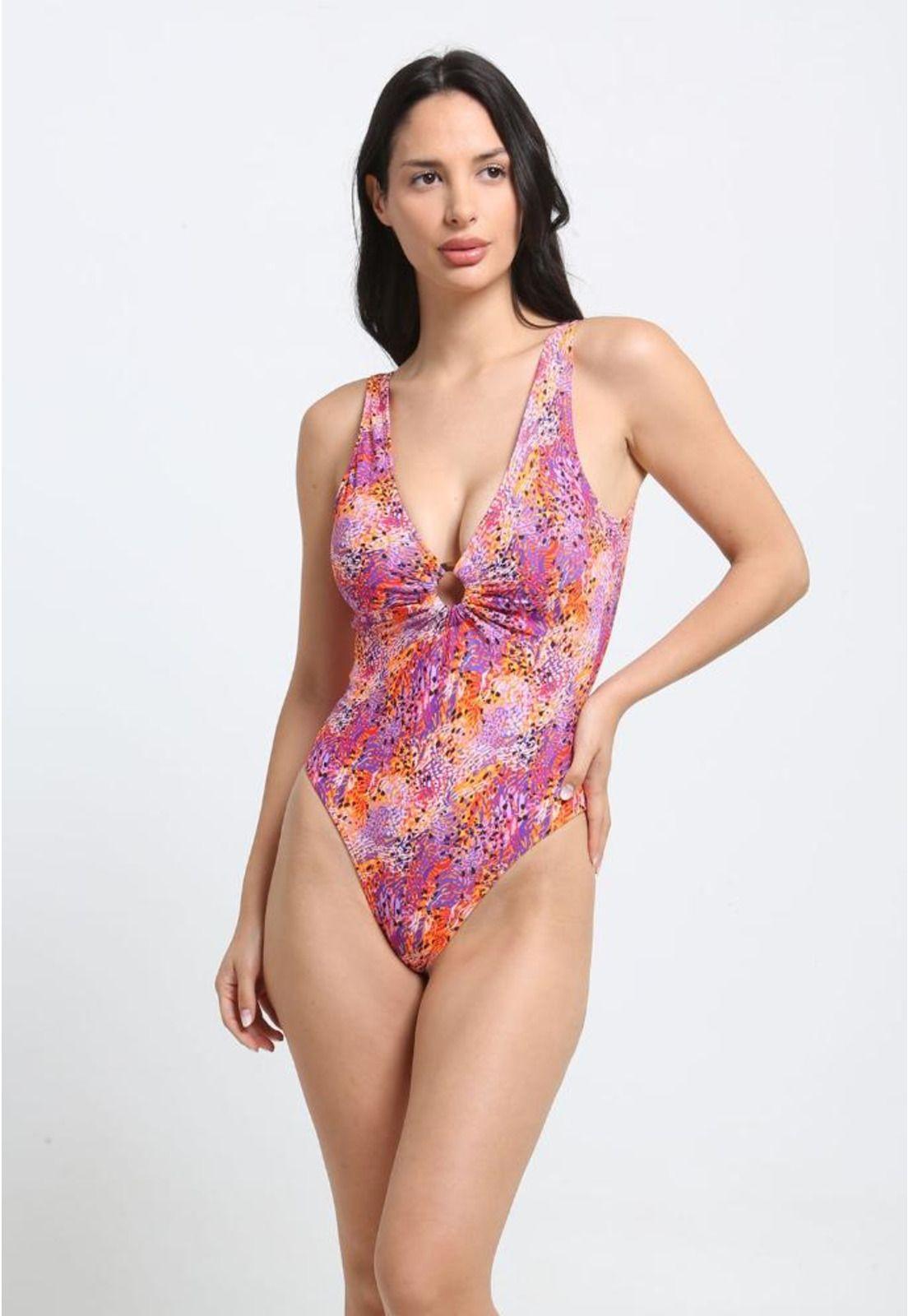 Traje de baño detalle circular estampado naranja-2