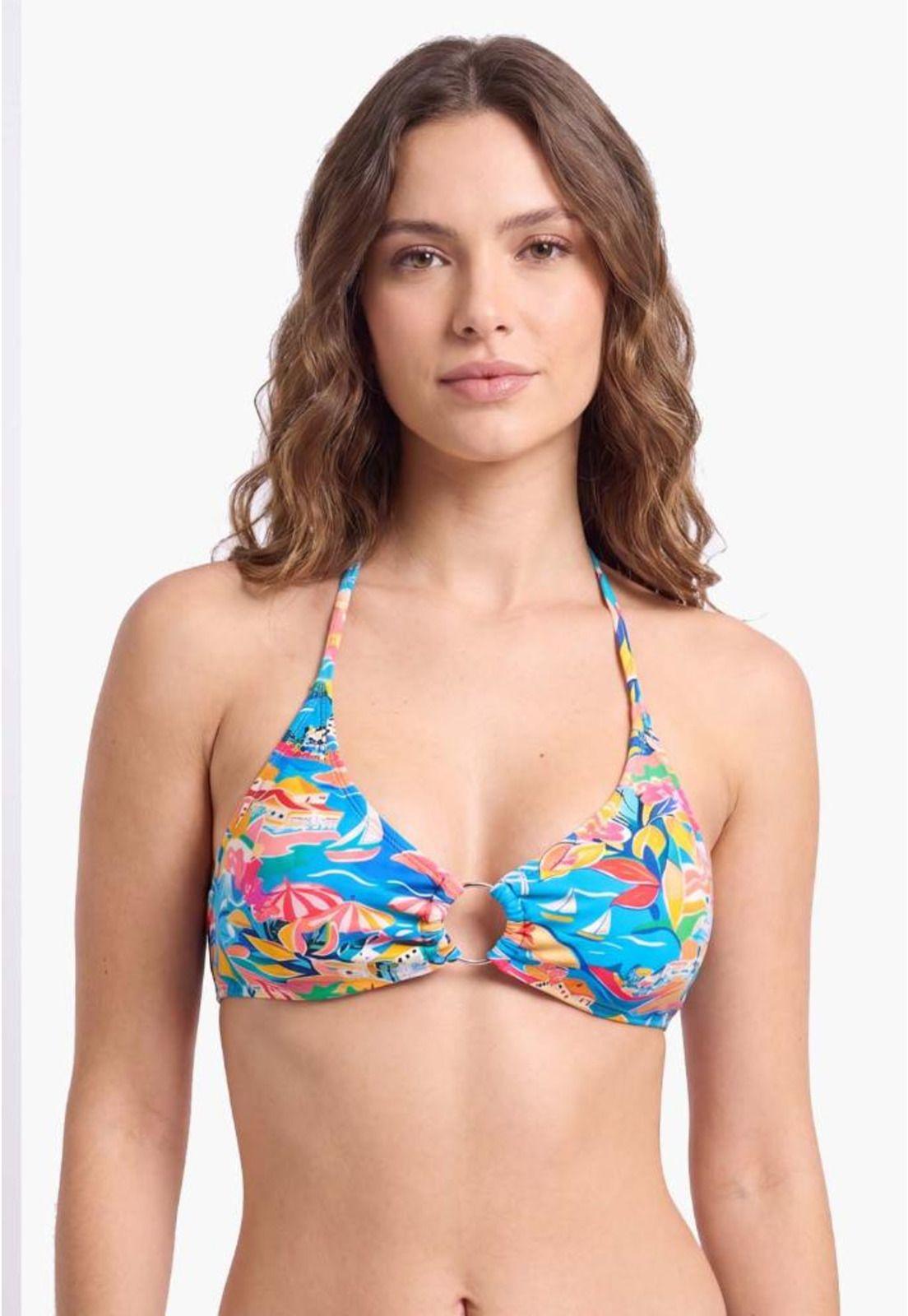 Bikini triangulo argolla central estampado turquesa-0