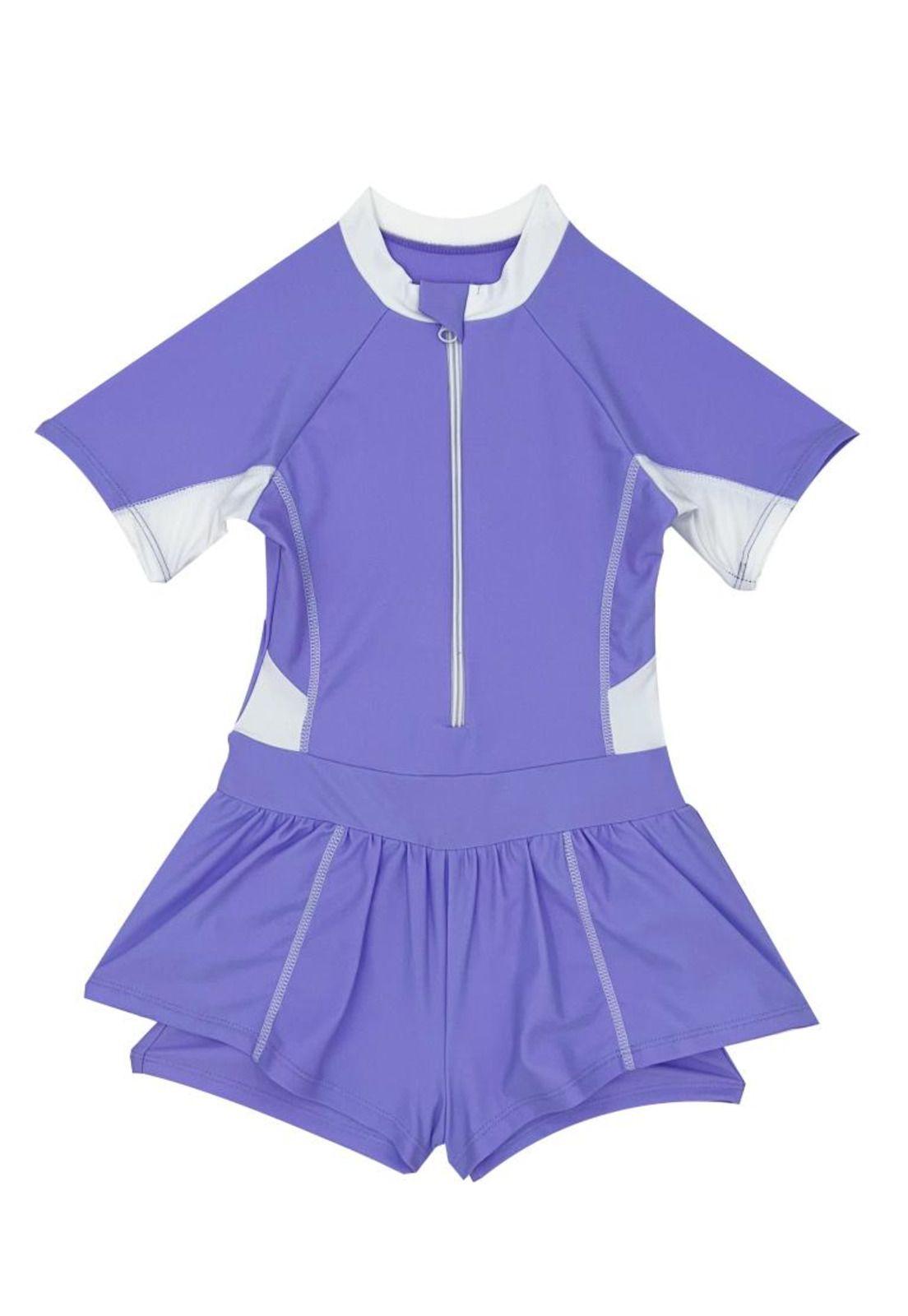 Traje de baño niña con falda protección UV morado-1