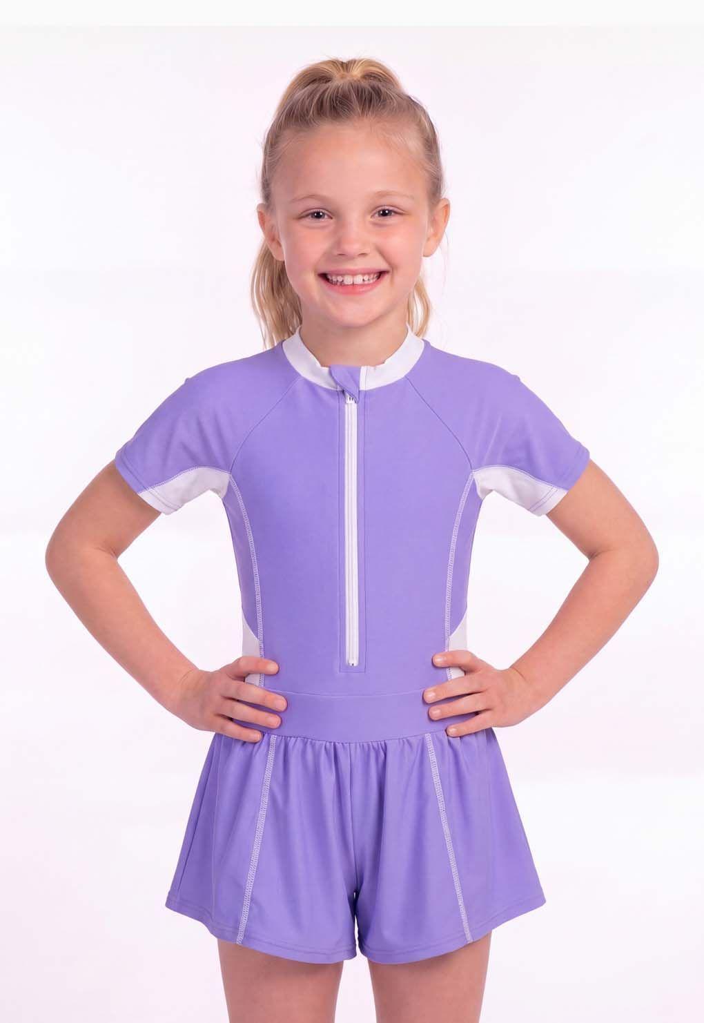 Traje de baño niña con falda protección UV morado-0