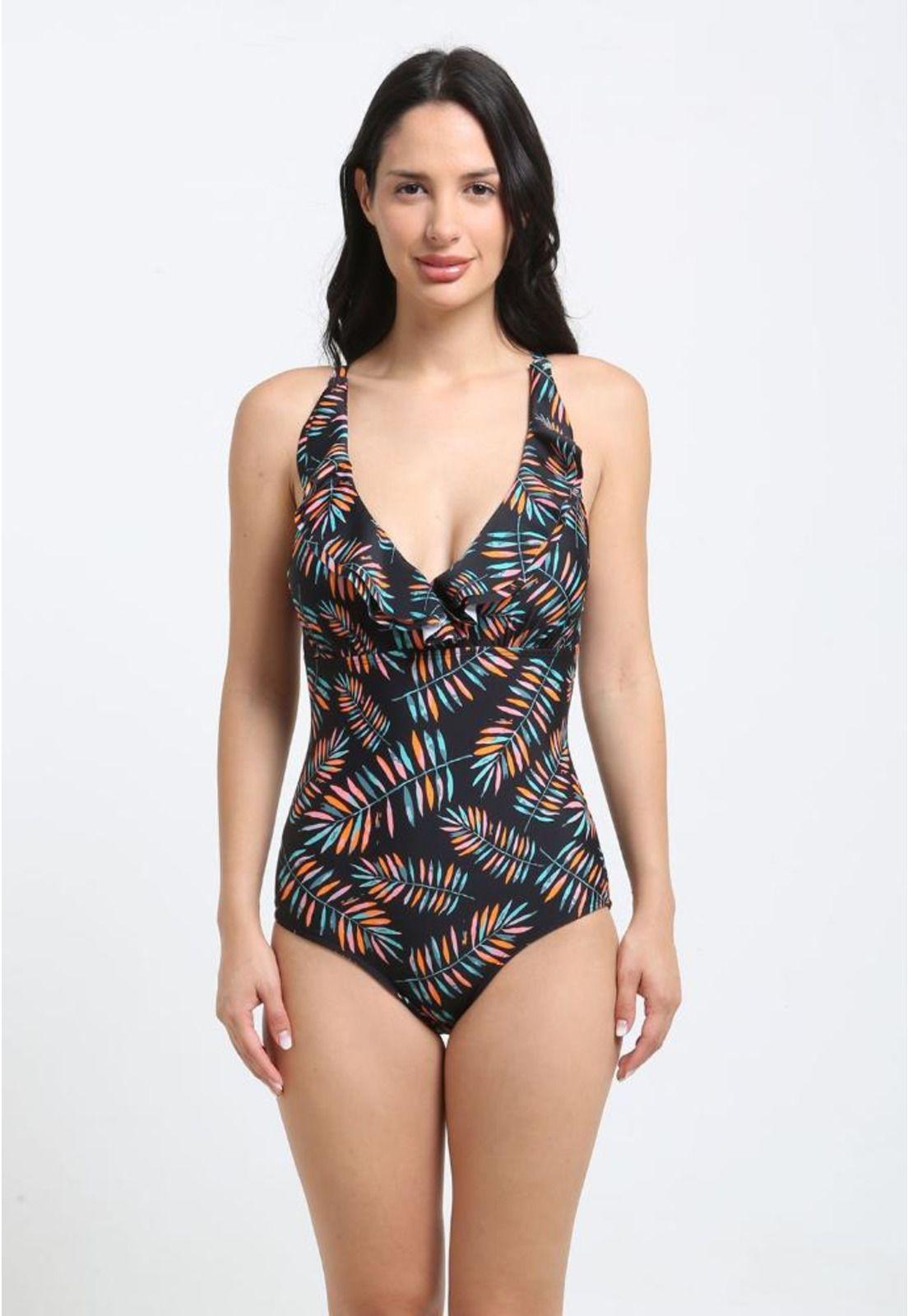 Traje de baño con vuelos estampado hojas-0